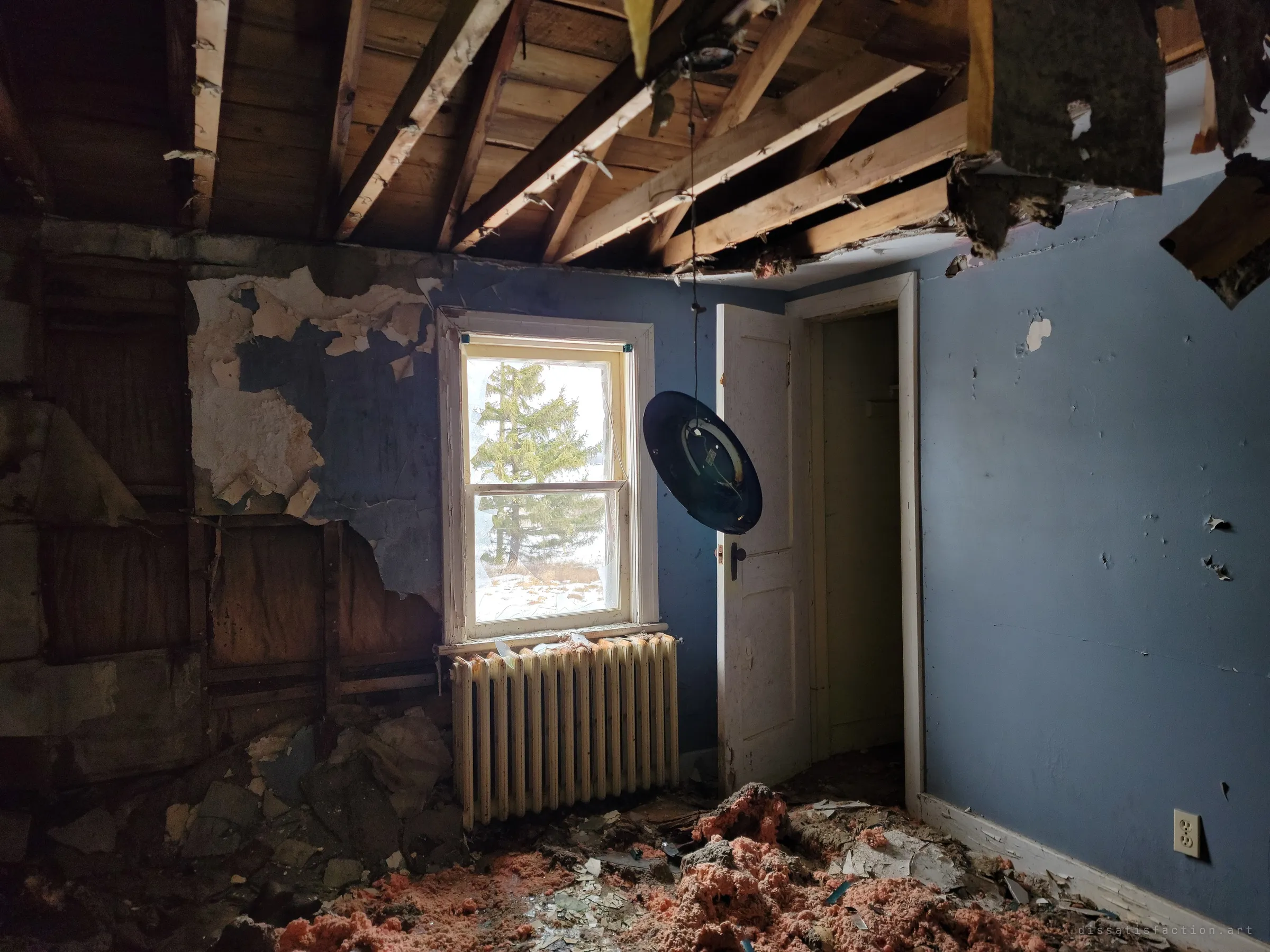 A blue bedroom with an open ceiling, a light fixture dangling on its wire and pink insulation heaped on the floor, a tall evergreen in the window. Soft daylight picks out the wreckage and an old radiator.