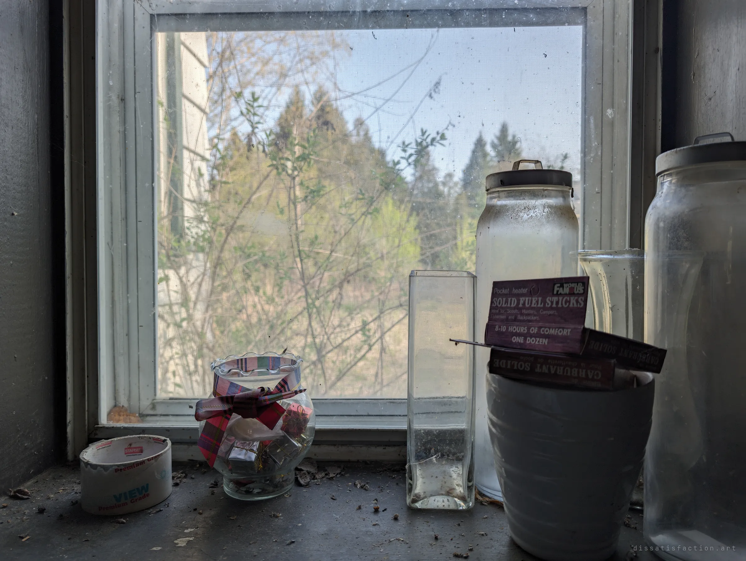 Dusty jars, a ribboned glass bowl and boxes of pocket-heater fuel sticks left on a windowsill, with spring growth pressing against the screen outside. The still life of forgotten household odds and ends sets the quiet, abandoned mood of the house.
