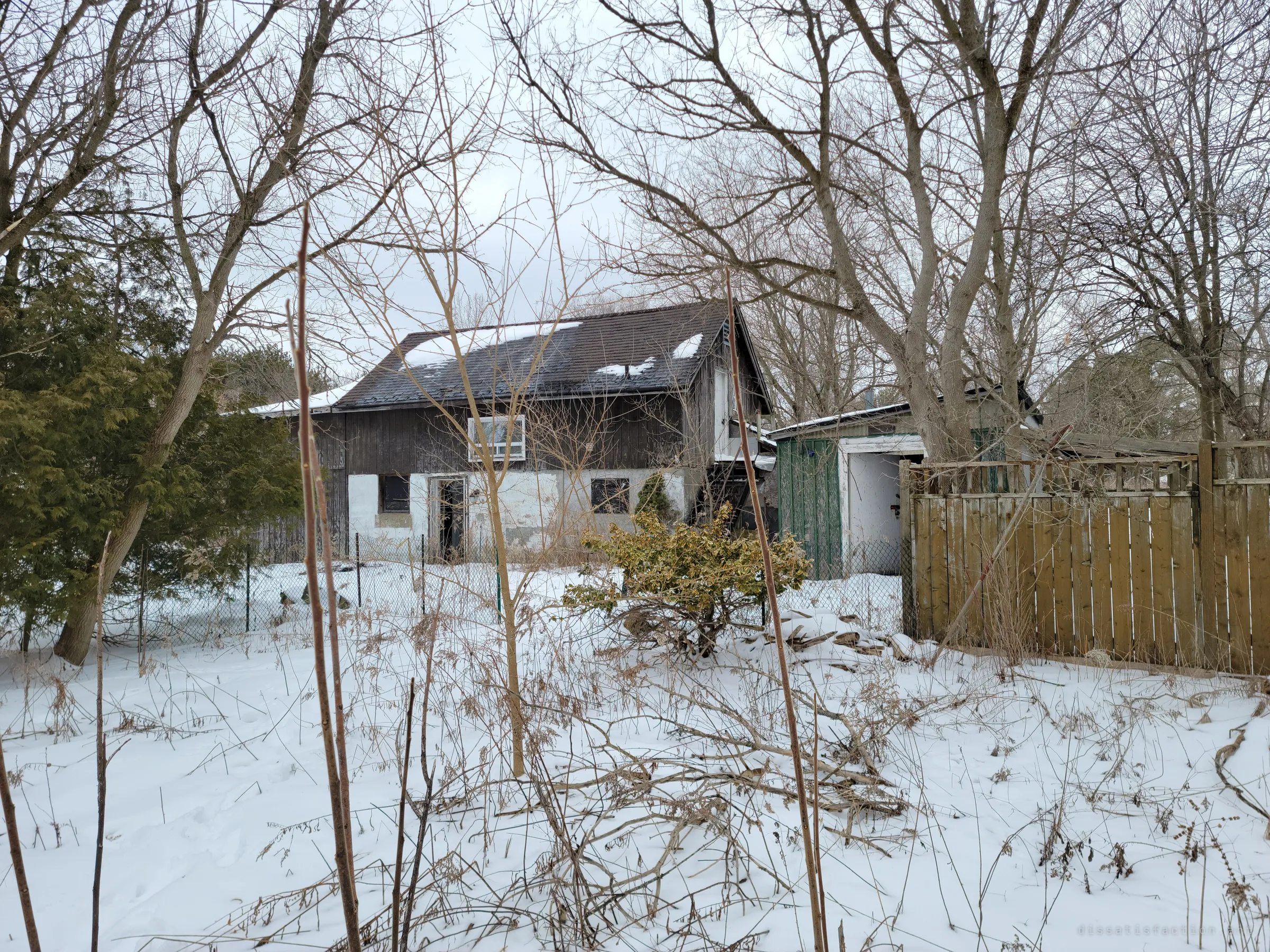 A two-storey outbuilding of dark boards over whitewashed block, glimpsed through bare saplings beside a green shed and a wooden fence. The overgrown yard makes it feel forgotten.