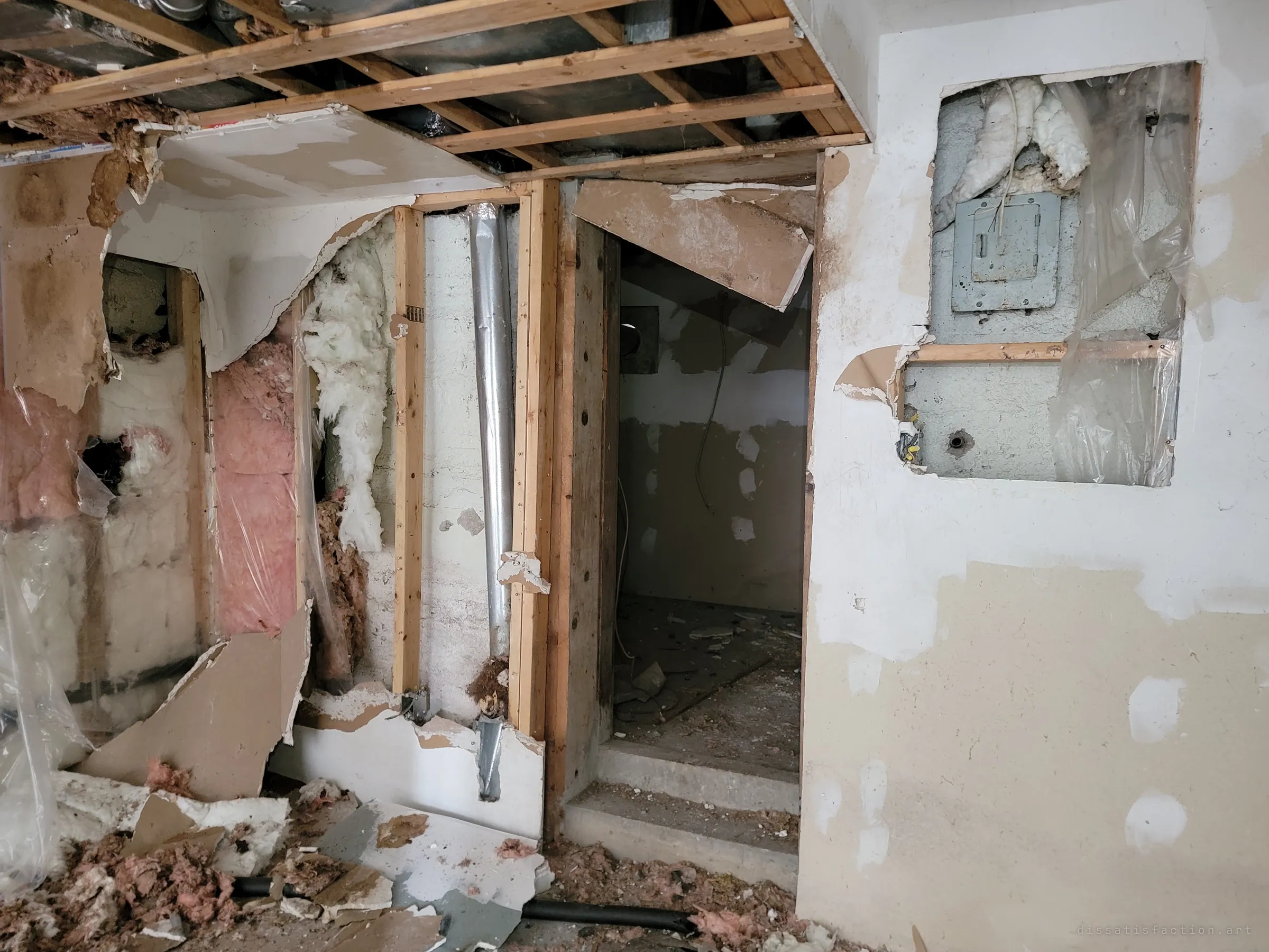 A gutted basement wall with torn drywall, spilling pink and white insulation and an exposed ceiling frame, next to a doorway into a small concrete room. A square hole cut around the electrical panel shows how thoroughly the house was stripped.