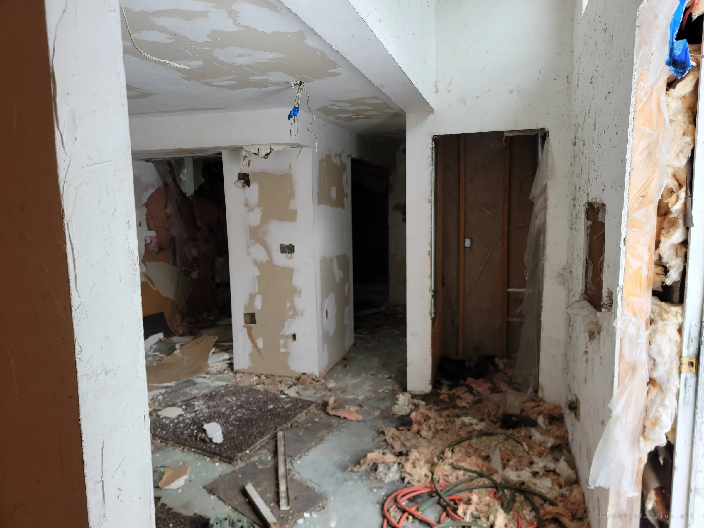 Looking through a doorway into a wrecked basement hallway with patchy walls, torn-out insulation, carpet squares and a tangle of hoses on the floor. The half-demolished rooms show how far the stripping of the house got.