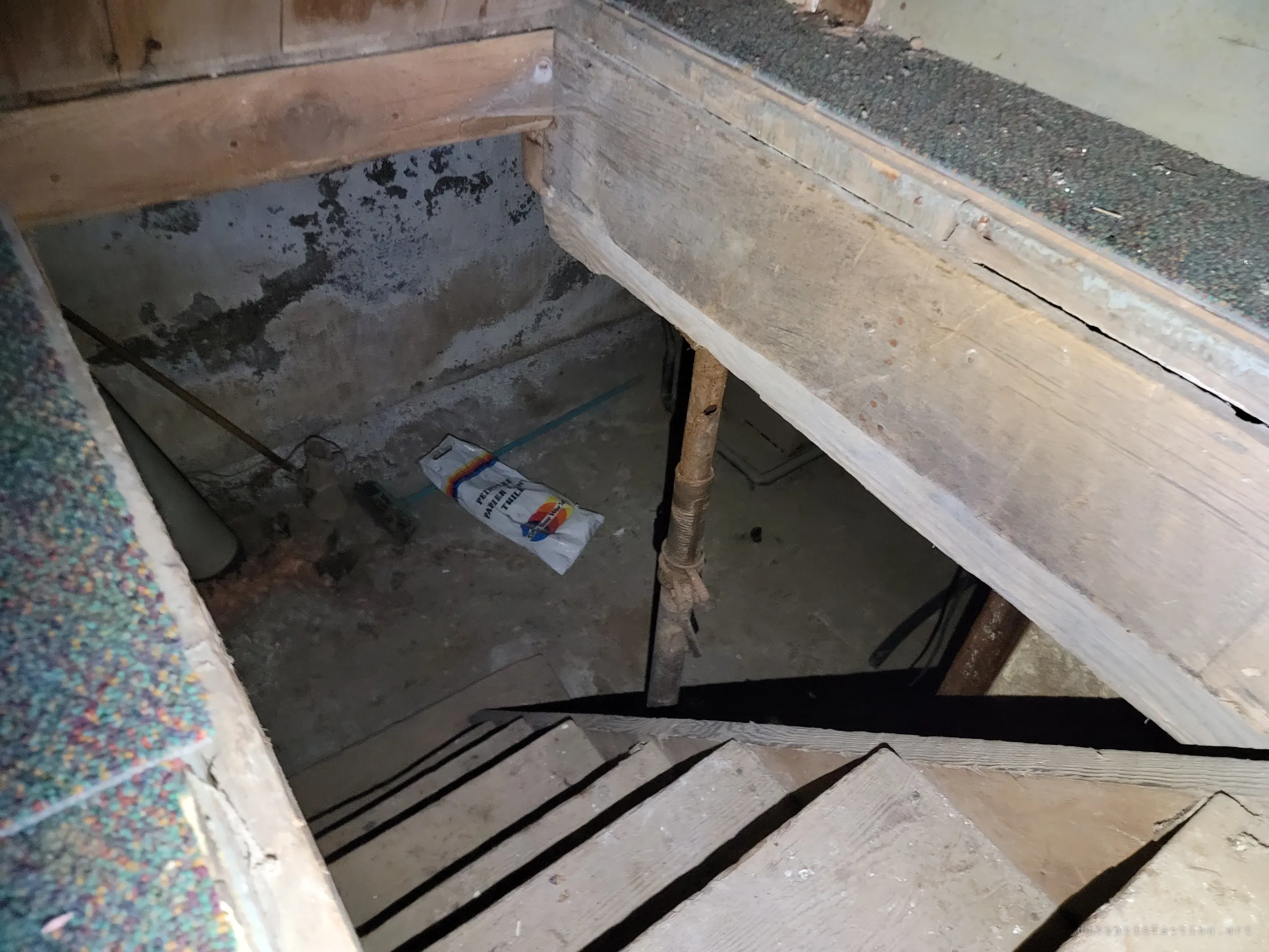 Flash-lit view down the basement stairs to a damp, stained concrete floor held up by a rusty jack post, an old paint bag lying on the ground.
