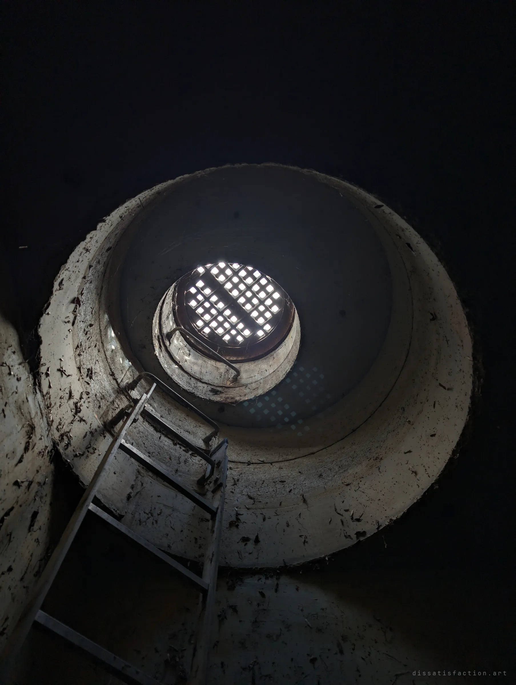 Looking straight up a round access shaft past a metal ladder to a grated manhole cover, daylight falling through its square holes. Leaves and debris cling to the concrete walls.