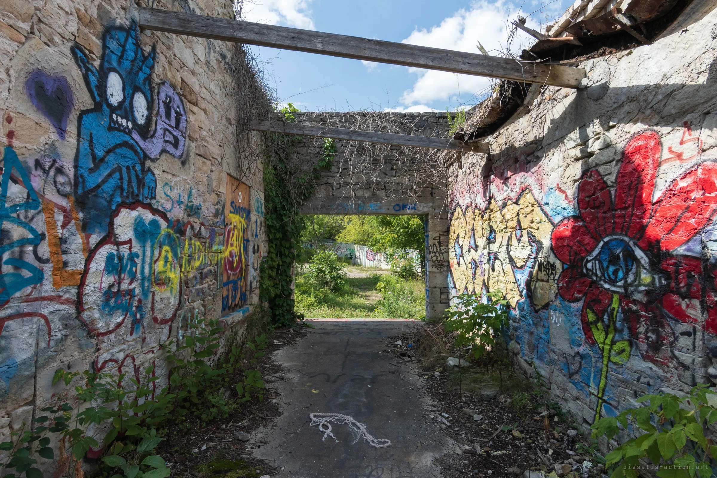 Closer in the same roofless passage, vine-draped beams frame a doorway out to the overgrown yard, with a blue cartoon creature and a red eye-flower painted on the walls. A tangle of rope lies on the cracked floor.