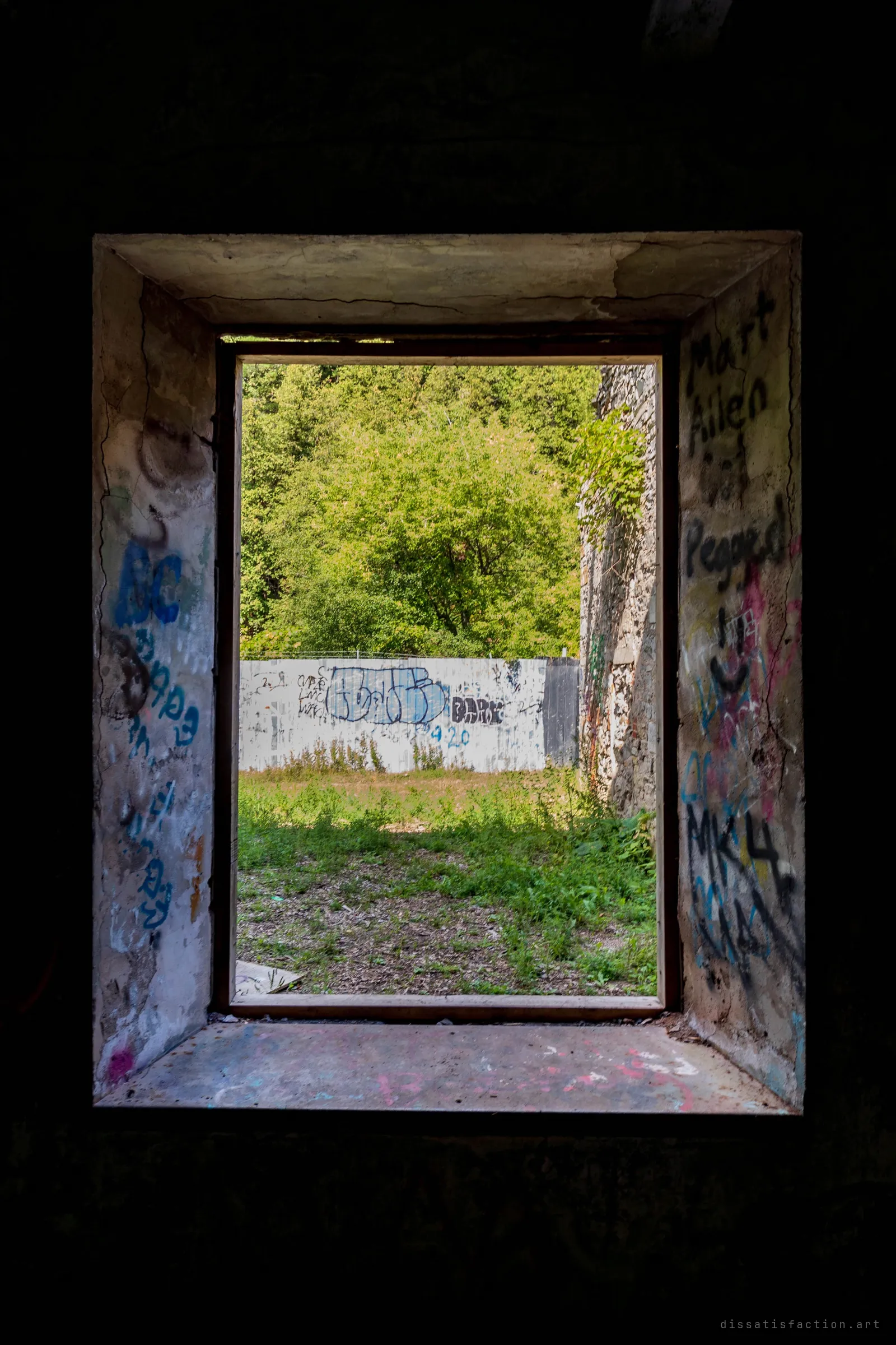 A deep, graffiti-scrawled window opening frames a sunlit yard of weeds, a tagged concrete wall and dense trees beyond. The thick walls show how solidly the building was made.