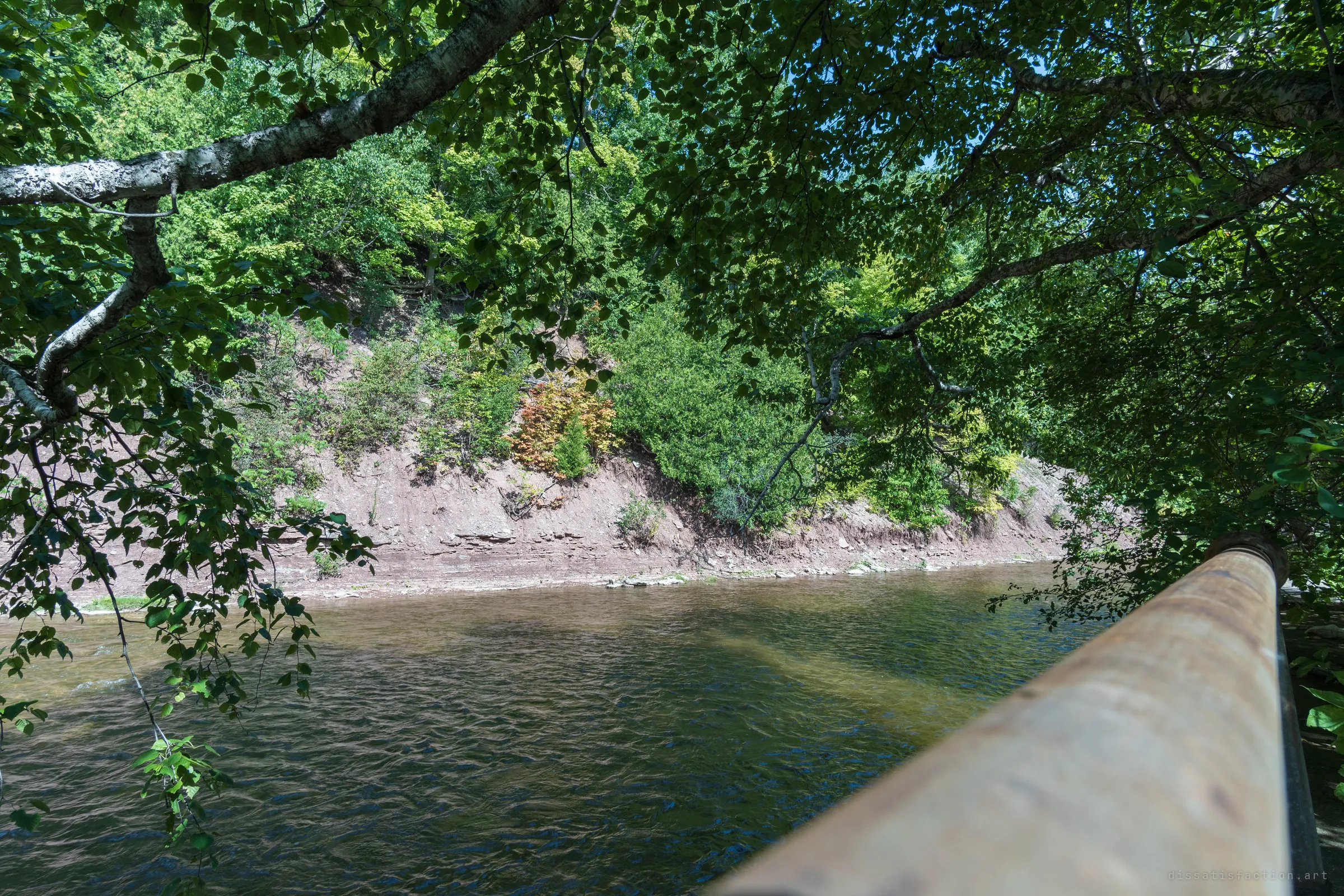 Looking out under overhanging branches across the river to the red shale bank, with a rusty pipe running along the edge in the foreground. A quiet view of the water that once powered the site.