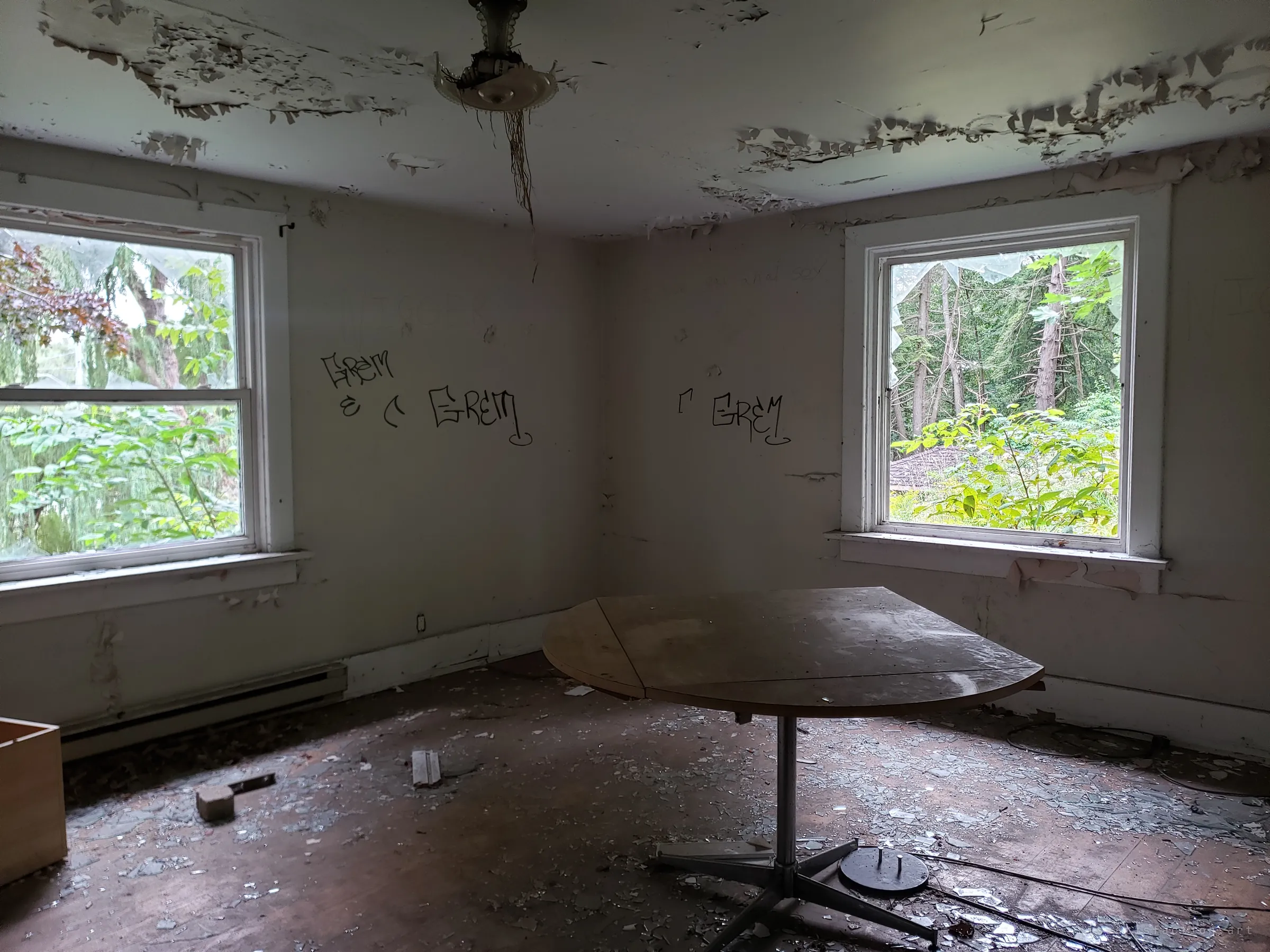 A corner dining room with a lone drop-leaf table on a floor littered with broken glass, graffiti tags scrawled across the walls. Two windows look out onto dense green woods.