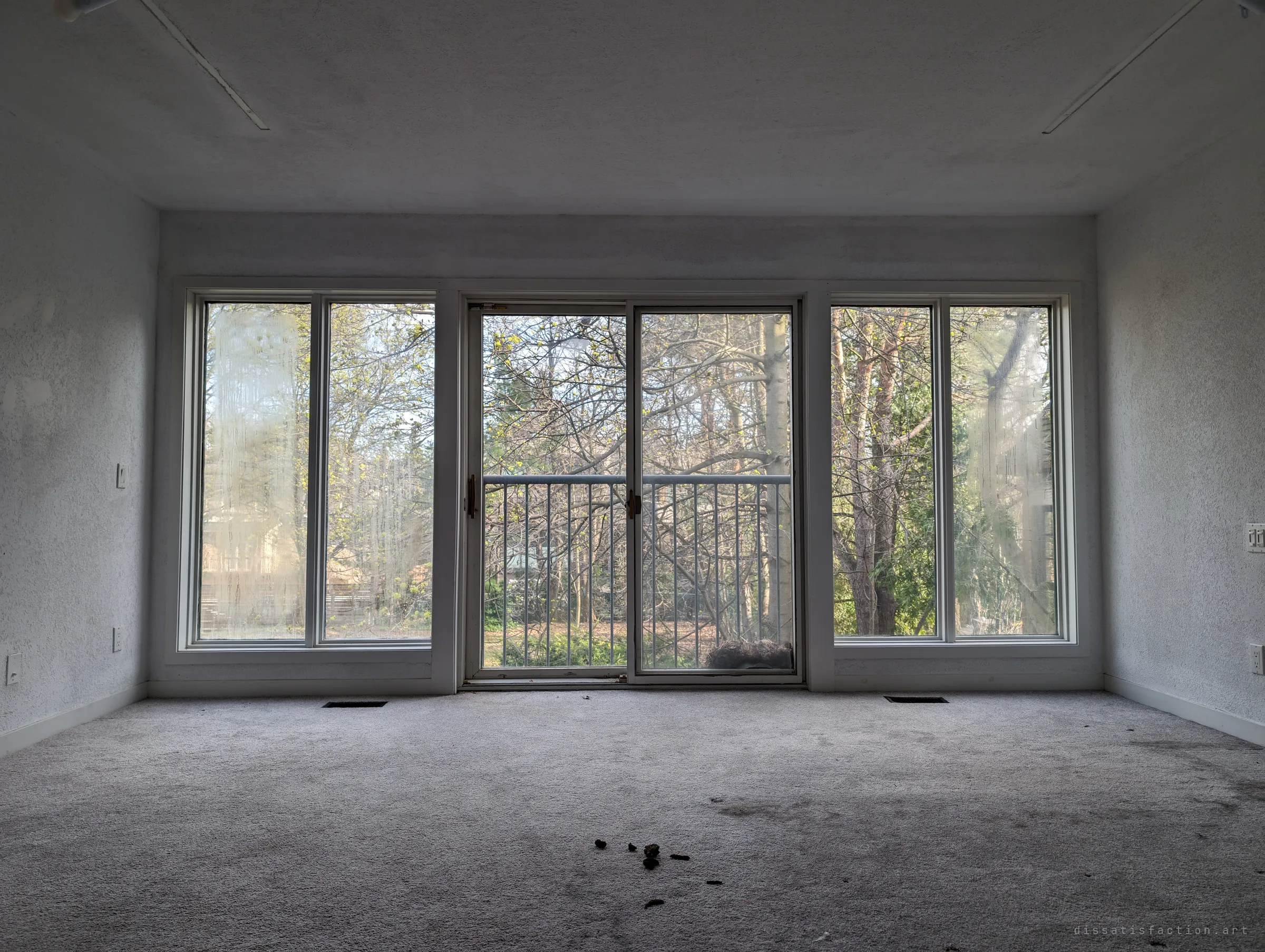 A bare living room faces a wall of glass and a small balcony, with budding spring trees filling the view. Condensation streaks the side windows and debris dots the carpet.