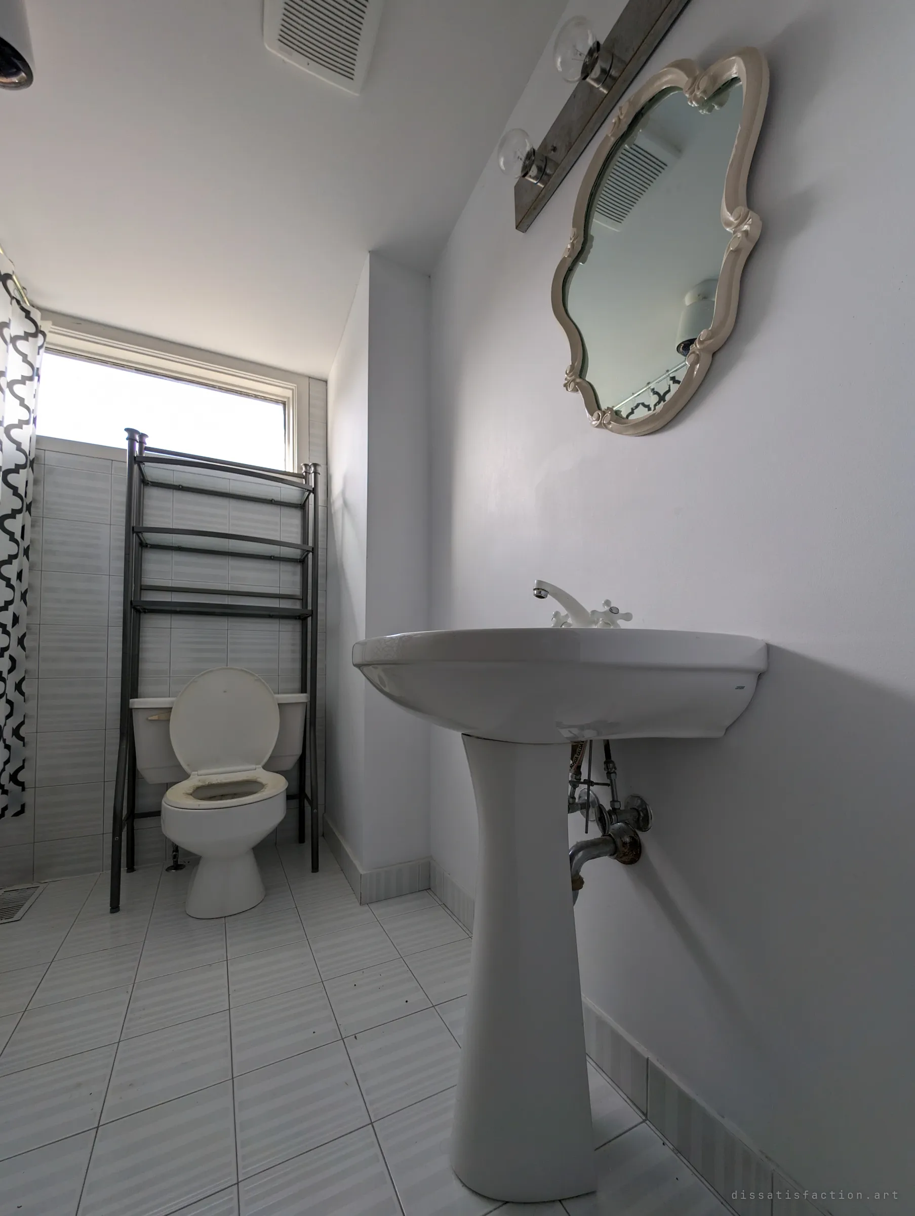 The same bathroom from the pedestal sink, an ornate cream mirror reflecting the ceiling fixture. A second angle on the room's odd mix of fancy trim and neglect.