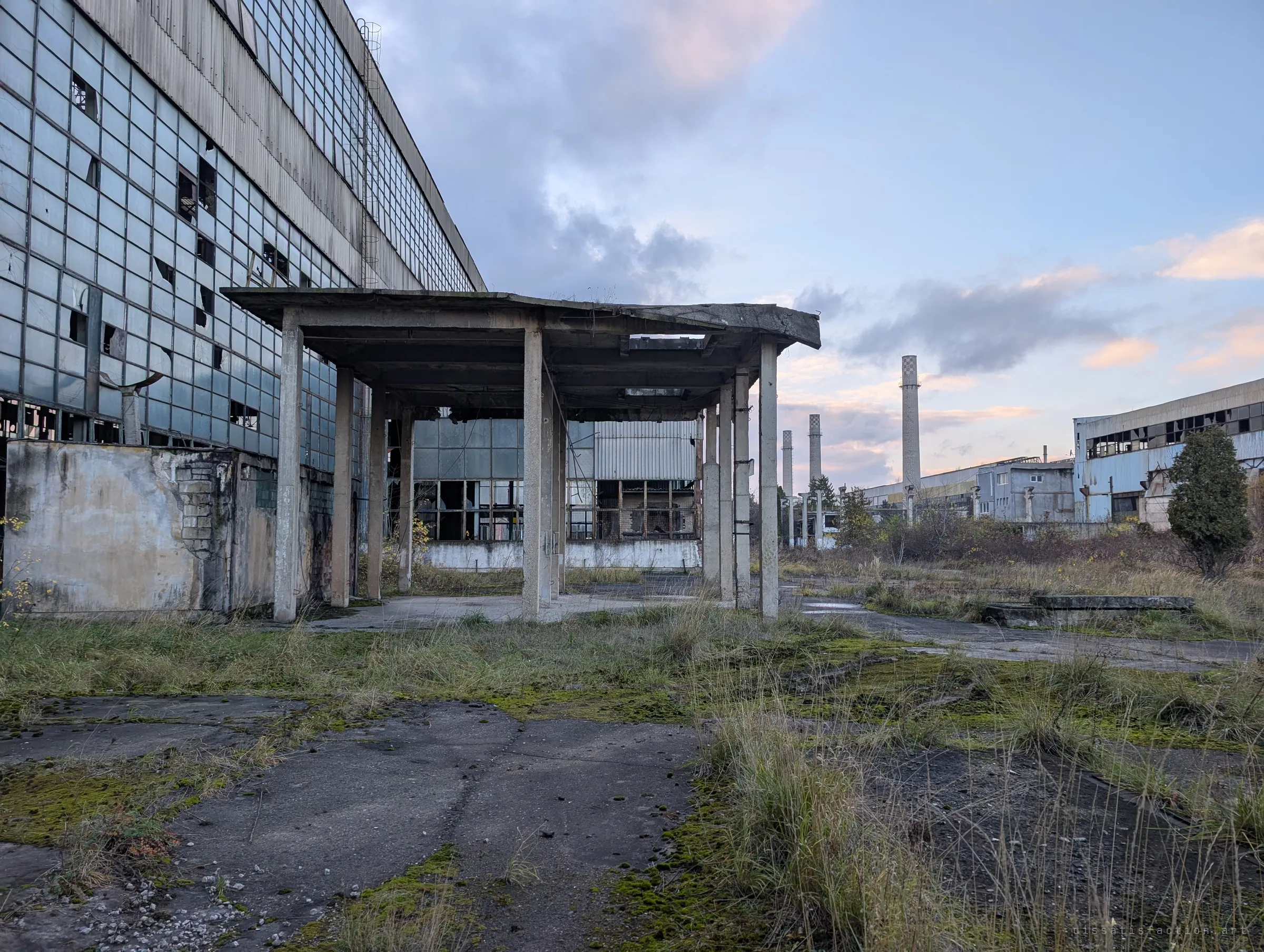 The concrete canopy seen from the side against the shattered glass hall, with more factory buildings and chimneys across the overgrown yard.