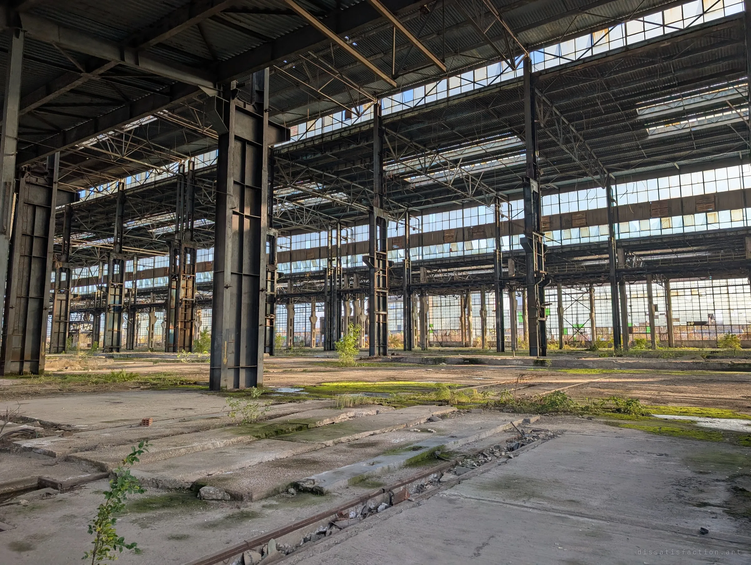 Inside the main hall: massive steel columns and roof trusses stretch into the light, above a floor of cracked slabs, moss and an old rail track.