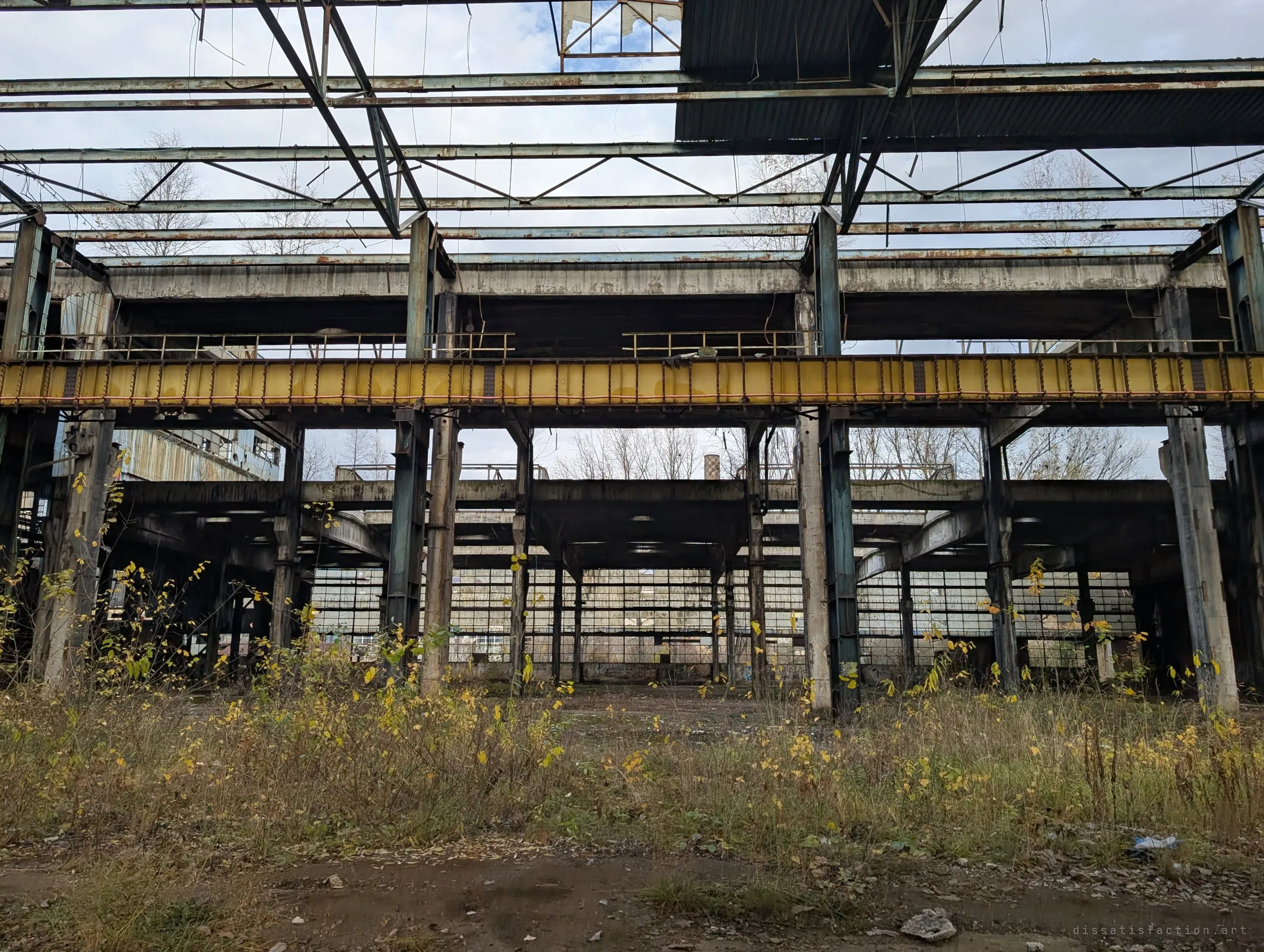 A long yellow gantry crane girder spans a row of weathered columns above knee-high autumn weeds. The stripped roof leaves only the steel frame against the sky.