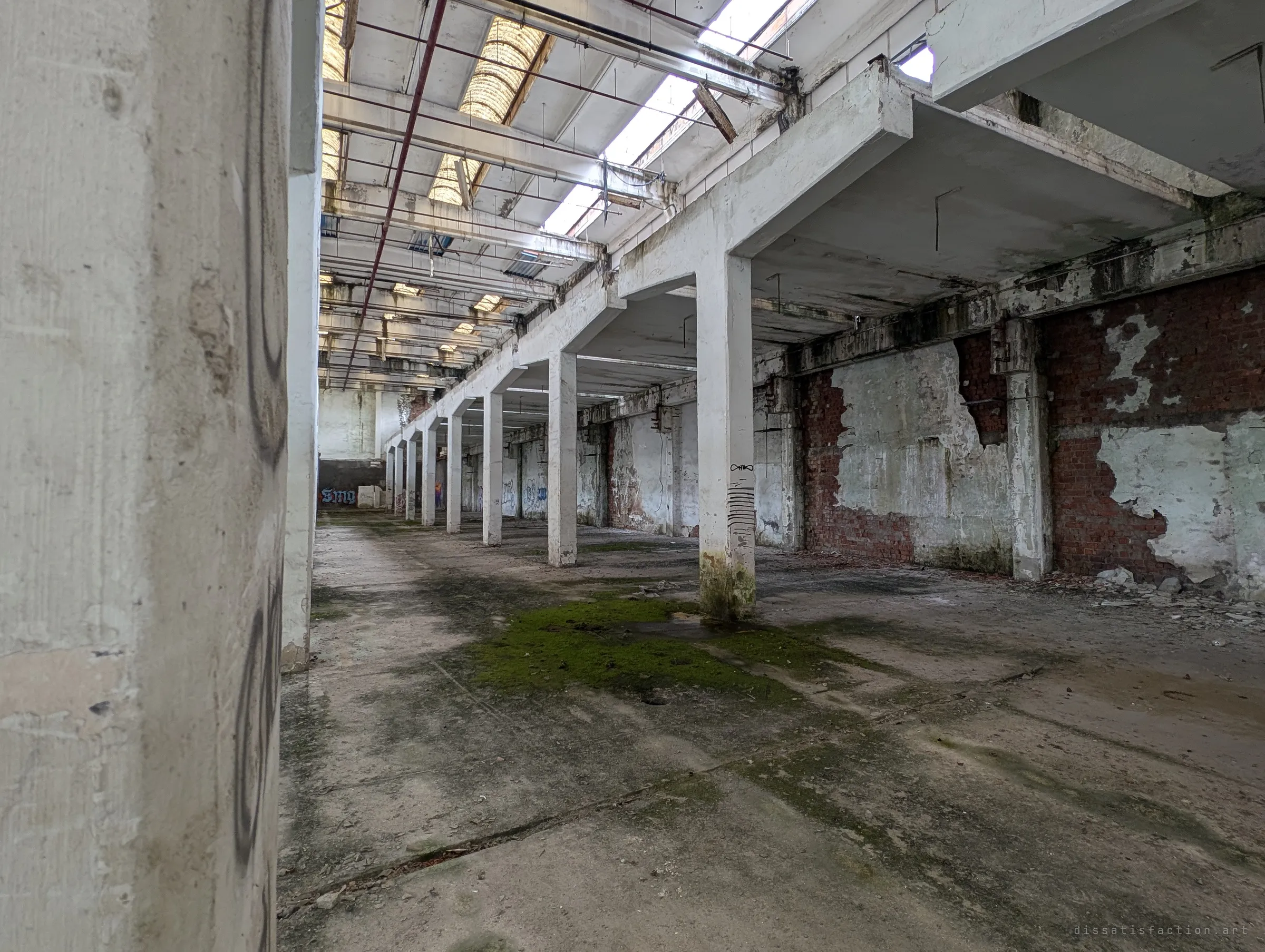 A row of white concrete columns runs under ribbed skylights, with moss spreading across the floor and brick showing through peeled plaster. The wide lens exaggerates the depth of the aisle.