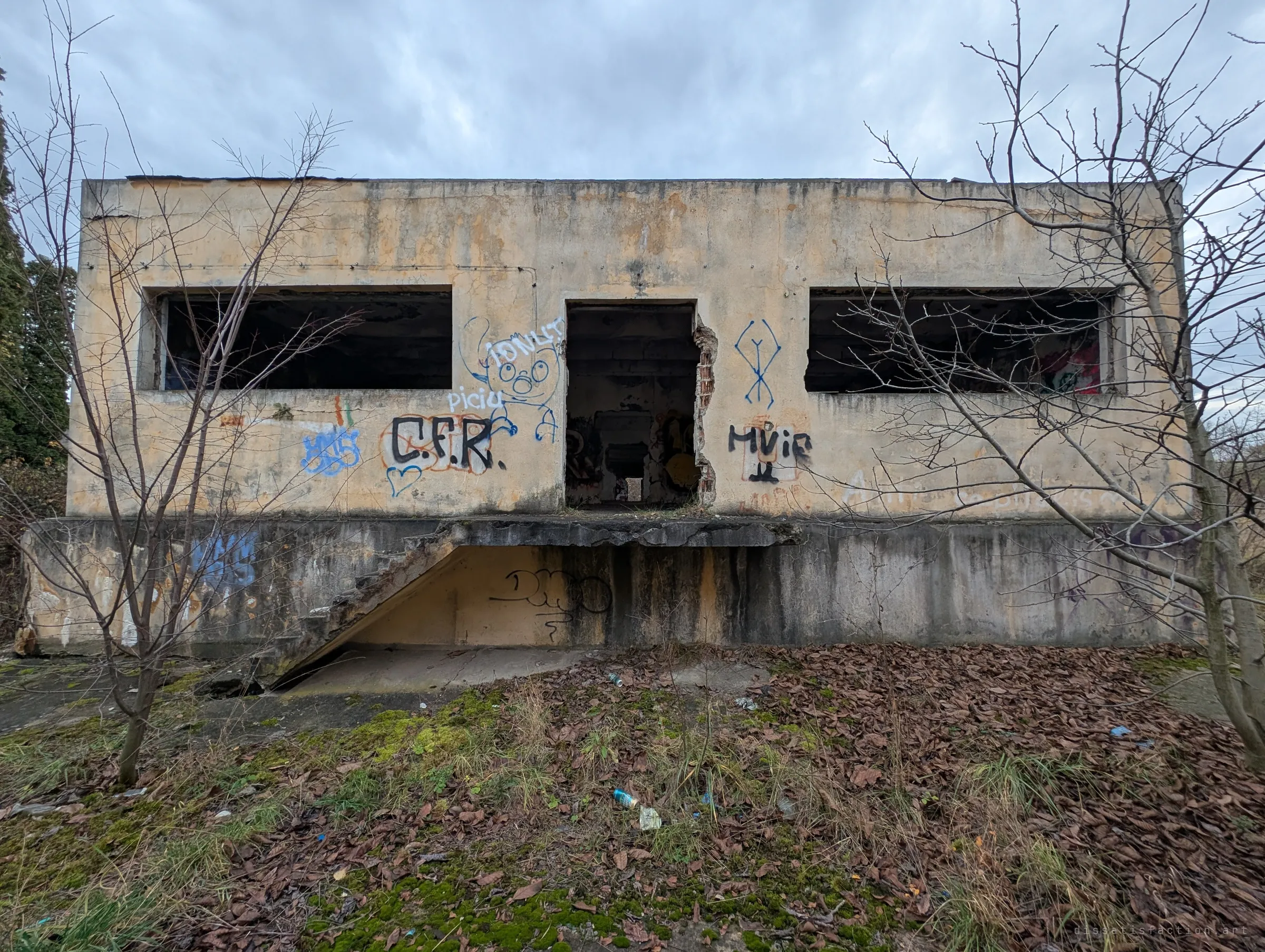 The front of a small raised concrete building, with a collapsed stair, empty window bays and layers of graffiti across the facade. Bare saplings grow up in front of it.