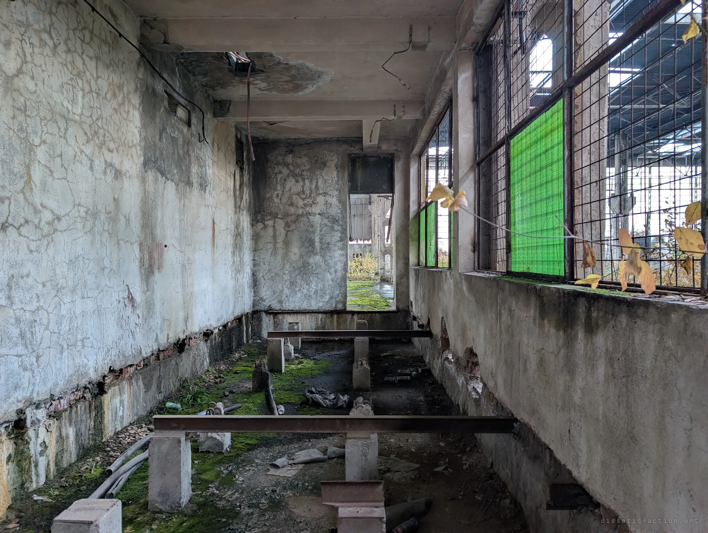 A narrow side room with cracked plaster walls and steel beams resting on concrete blocks, lit through wired windows with bright green glass panes. A doorway at the end opens back onto the mossy hall.