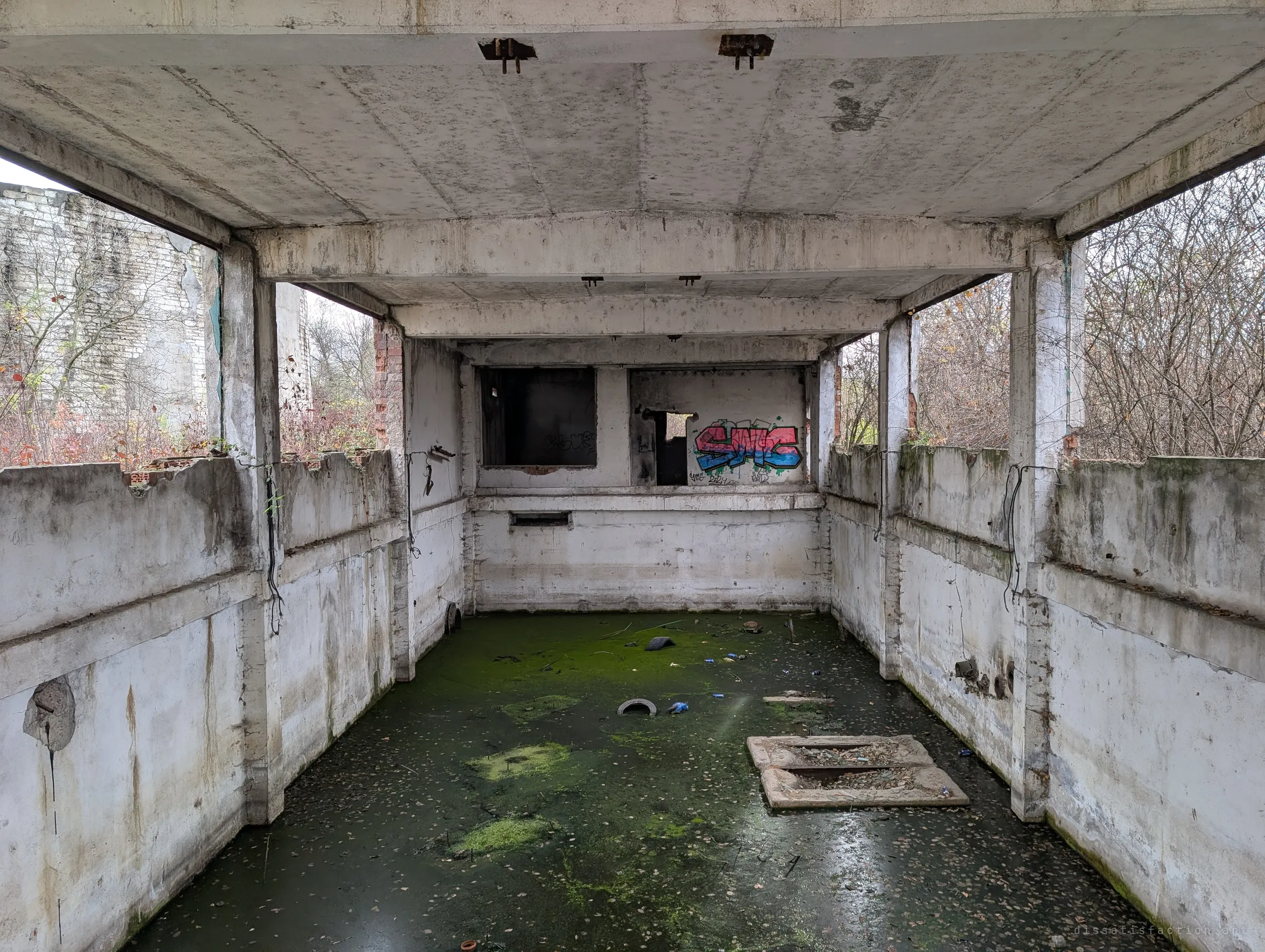 A roofless concrete basin under a heavy slab canopy, its floor flooded with green algae-covered water, a tyre and cans floating, graffiti on the back wall. The open sides let the bare autumn trees crowd in.