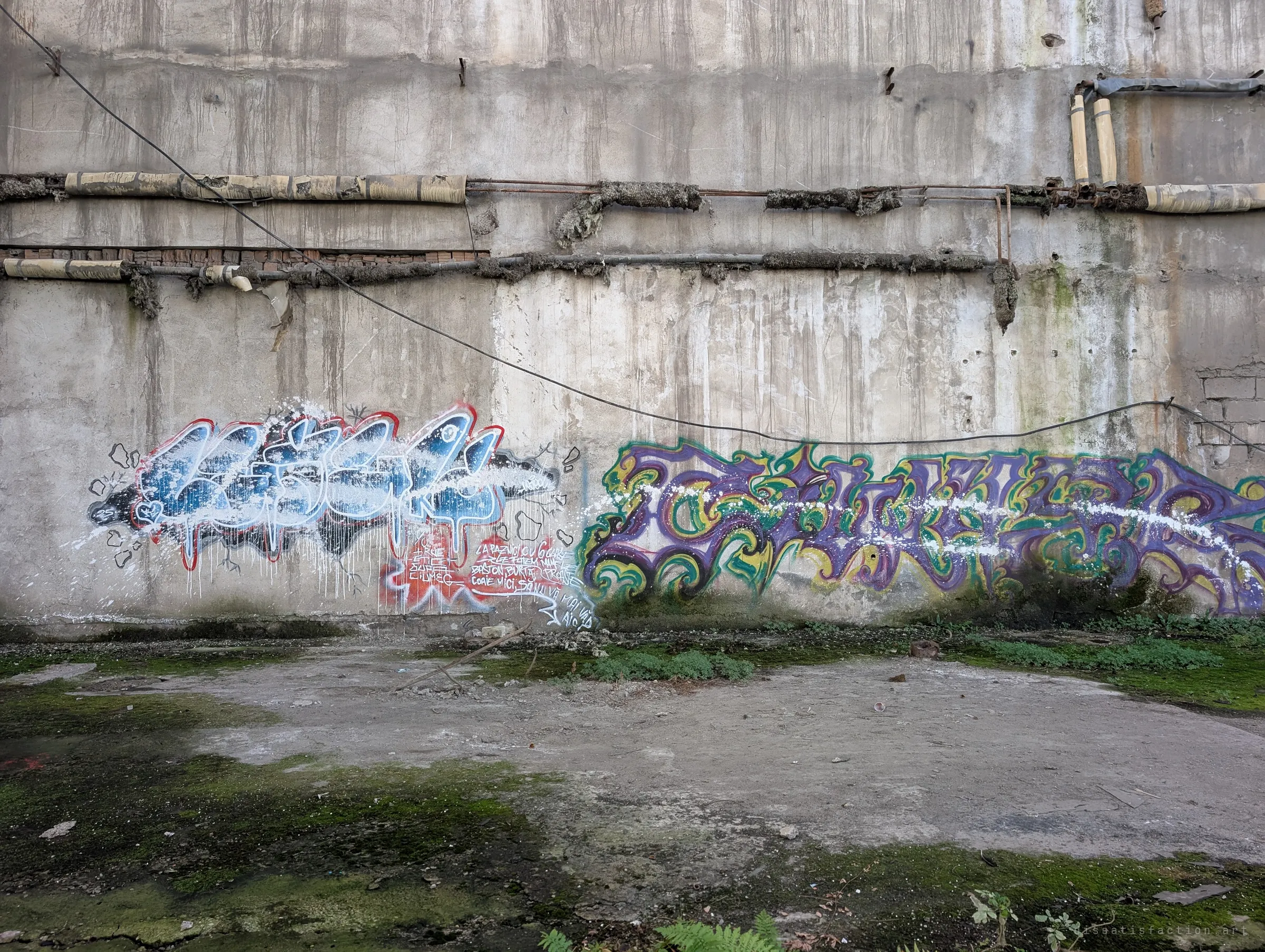A weathered concrete wall with rotting pipe insulation above two colourful graffiti pieces, moss spreading across the cracked yard in front. Nature and paint are taking over the outside of the plant.