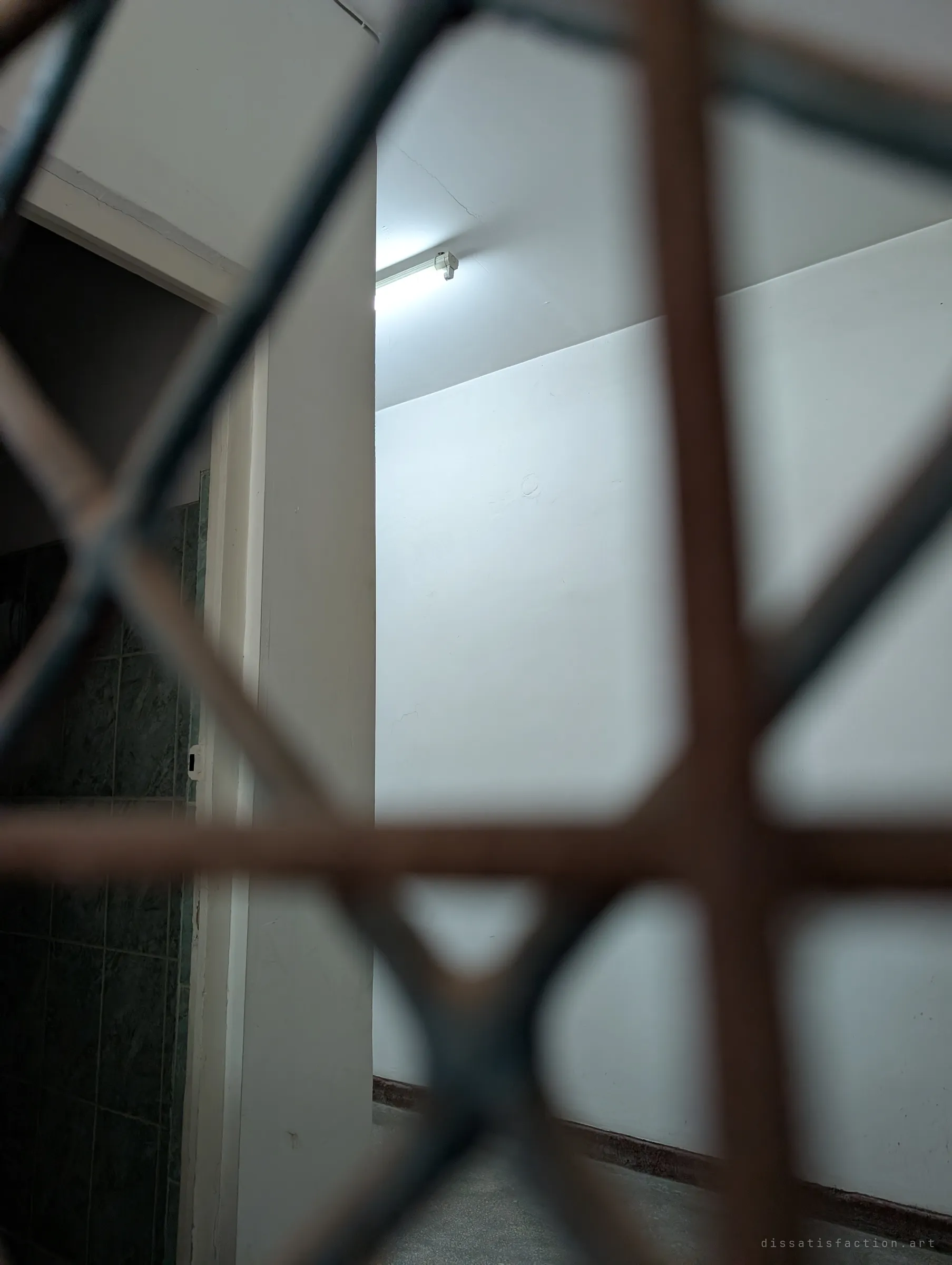 Through the out-of-focus mesh of a fenced door, a clean white corridor lit by a fluorescent tube, with green tiles in a side room. The freshly painted space is still in use, sealed off from the abandoned stairwell.