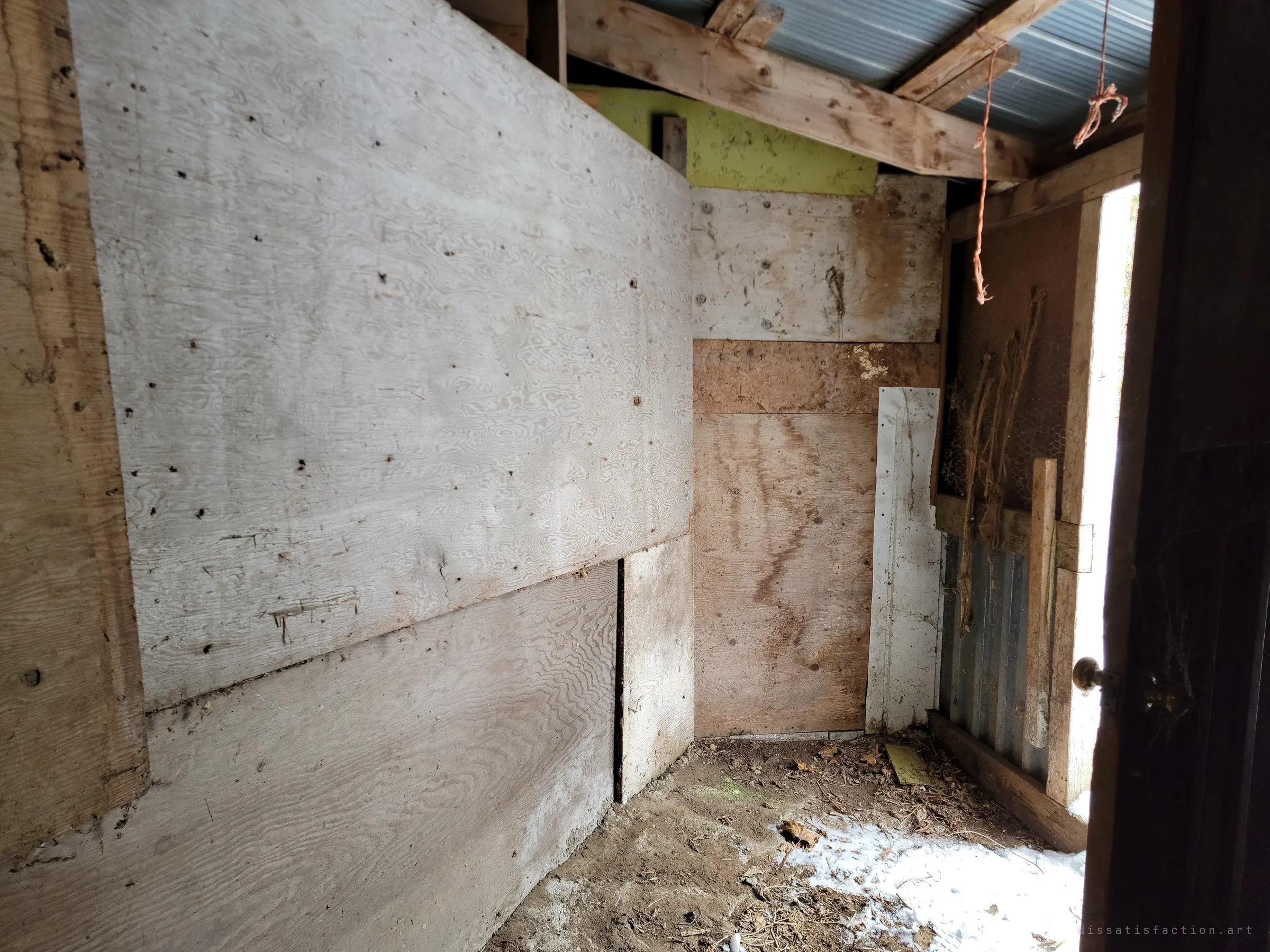 Inside a small plywood coop room: patched sheets of weathered plywood, a dirt floor dusted with snow, and twine hanging from the rafters by the open door.
