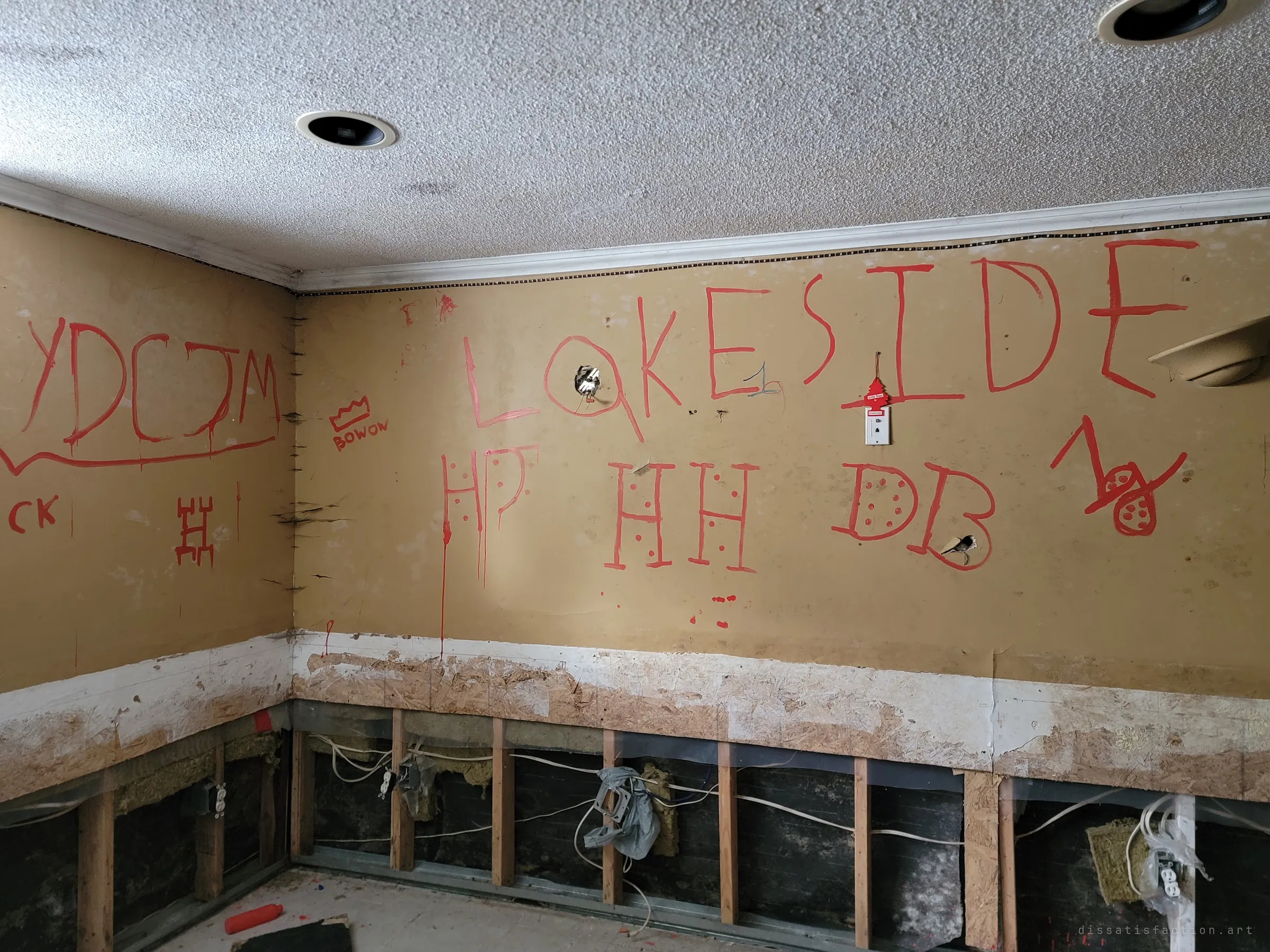 A stripped basement room with its drywall cut away at knee height, the walls covered in dripping red graffiti letters and initials. The flood cut and exposed studs show the house was gutted after water damage.