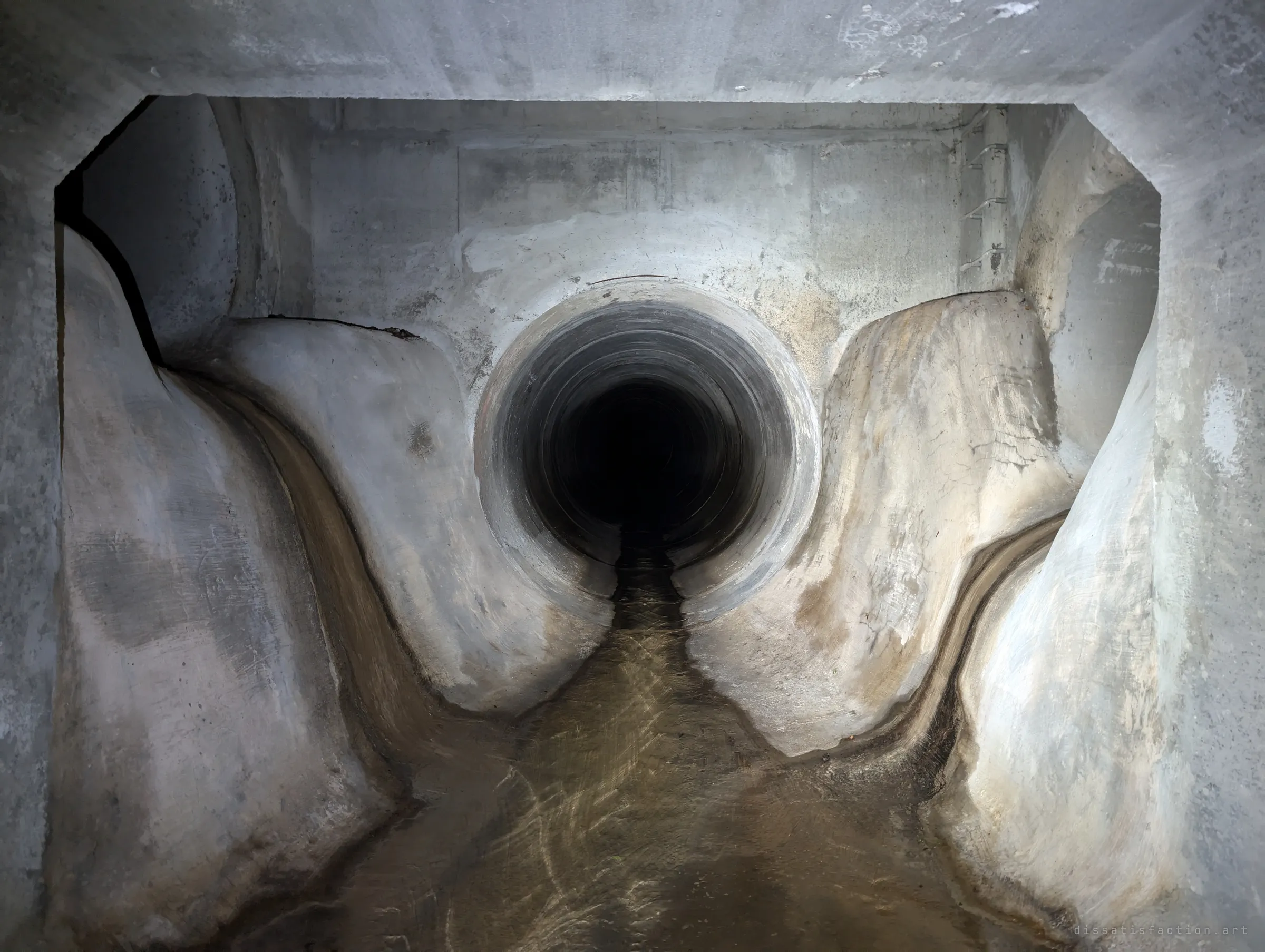 A junction chamber where sculpted concrete benching funnels water into a large round pipe, with ladder rungs on the far wall. The poured, wave-like channels give the room its character.