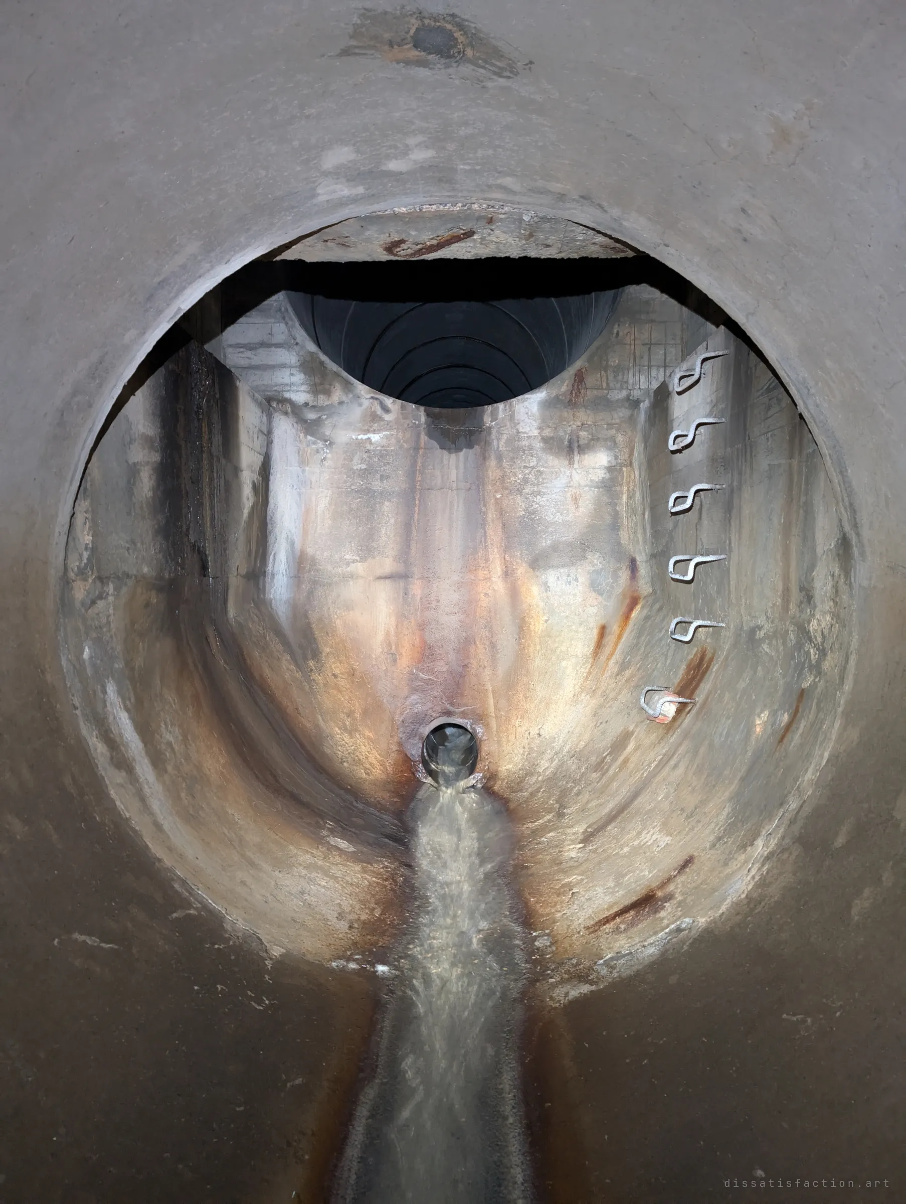 Through a round pipe mouth, a rust-streaked concrete slide drops from an upper pipe into a small outlet, with step irons climbing the wall. Water streams down its centre.