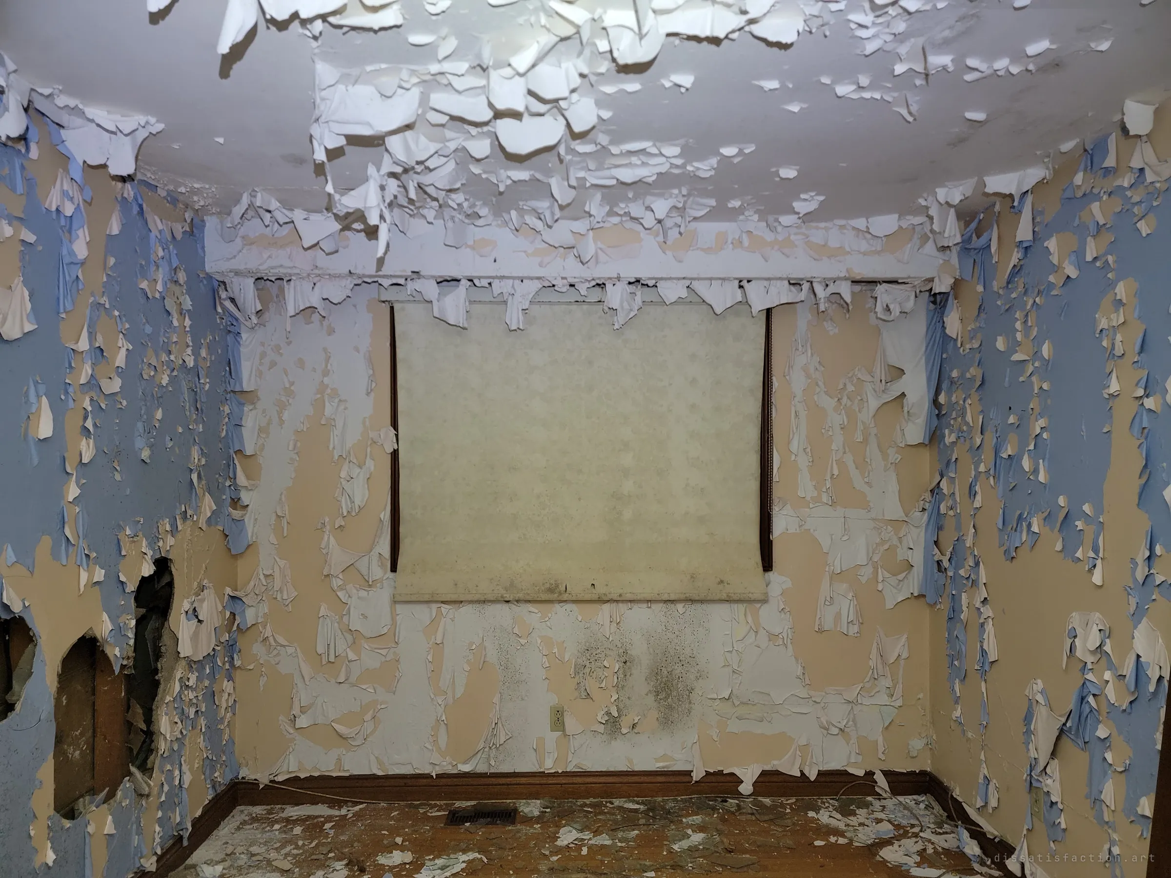 A small room where blue and white paint peels off the walls and ceiling in curling sheets around a stained roller blind. Mould spreads under the window and holes are punched through the side wall.