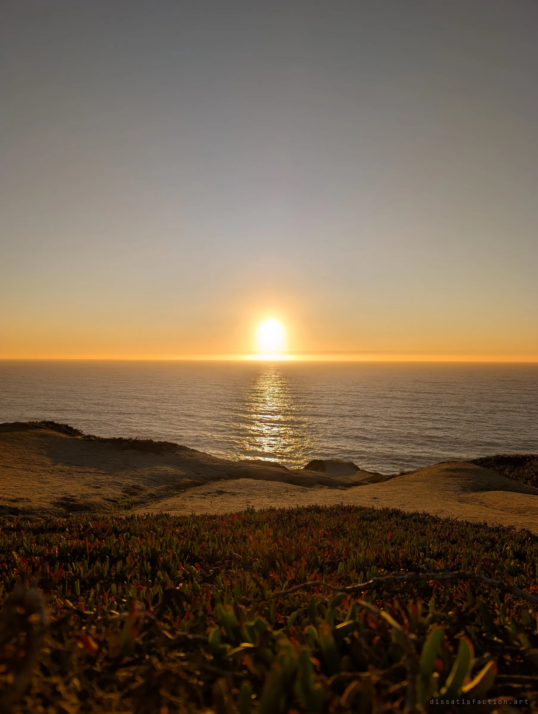 The sun sets straight into the ocean, laying a bright path across the water, seen over low bluffs and a foreground of succulent ice plant. A quiet view from beside the bunker.