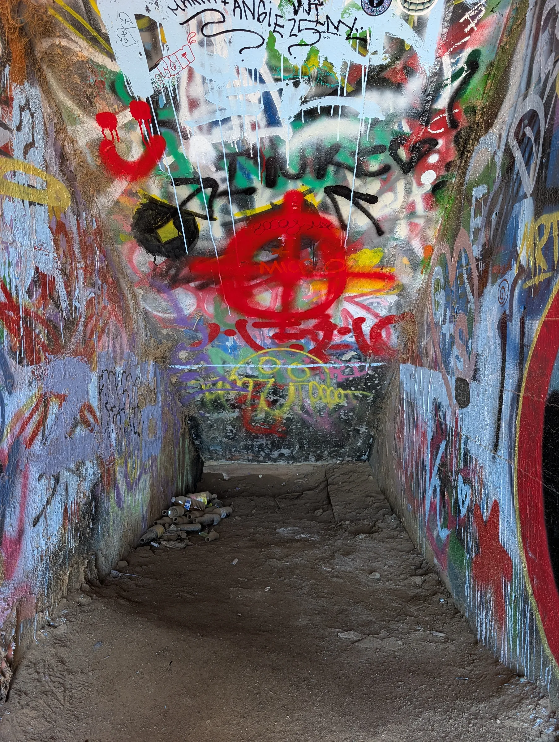 A narrow concrete passage buried in layered graffiti, a red crosshair tag at its end and a pile of empty bottles on the dusty floor. The walls read like decades of visitors stacked on top of each other.