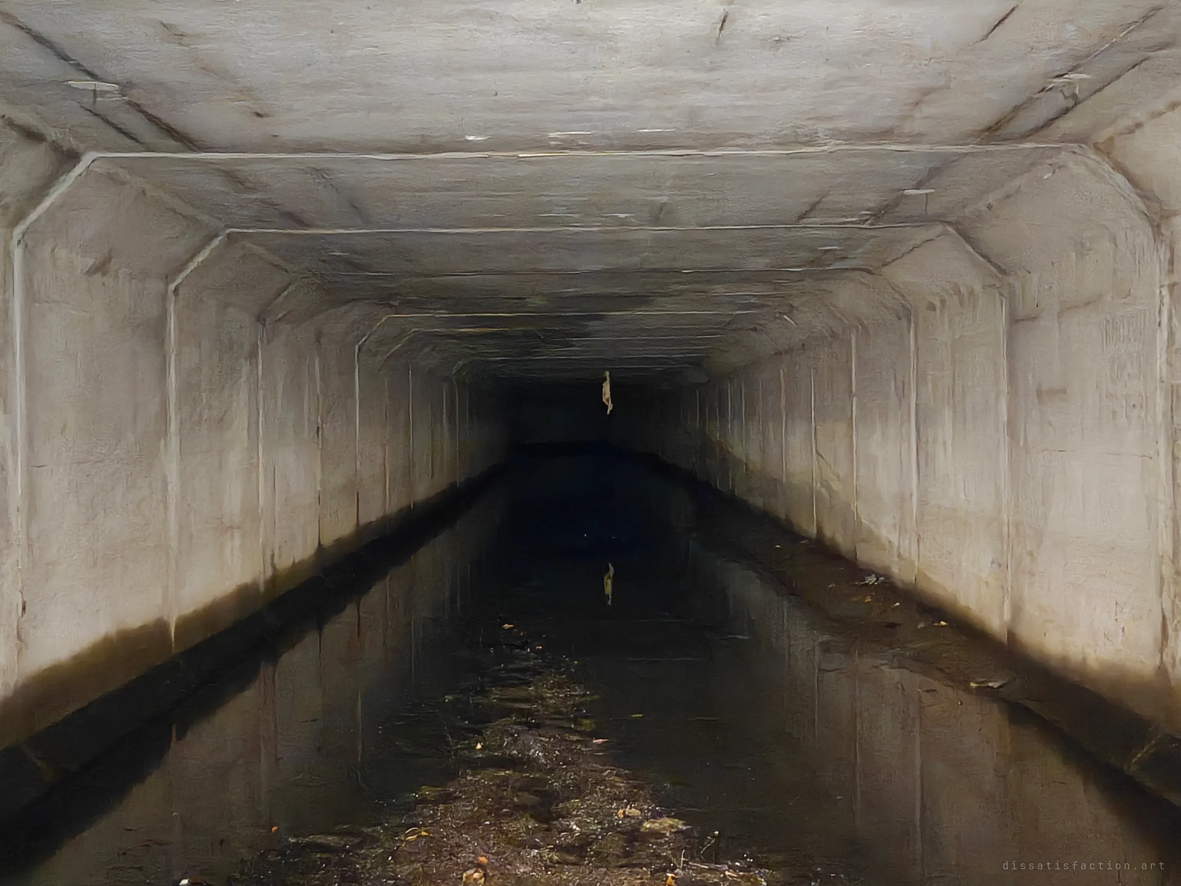 A long concrete box culvert runs straight into darkness, its chamfered ceiling joints stepping away in rows above still, dark water. A pale scrap hangs from the ceiling and shows again as a reflection in the pool below.