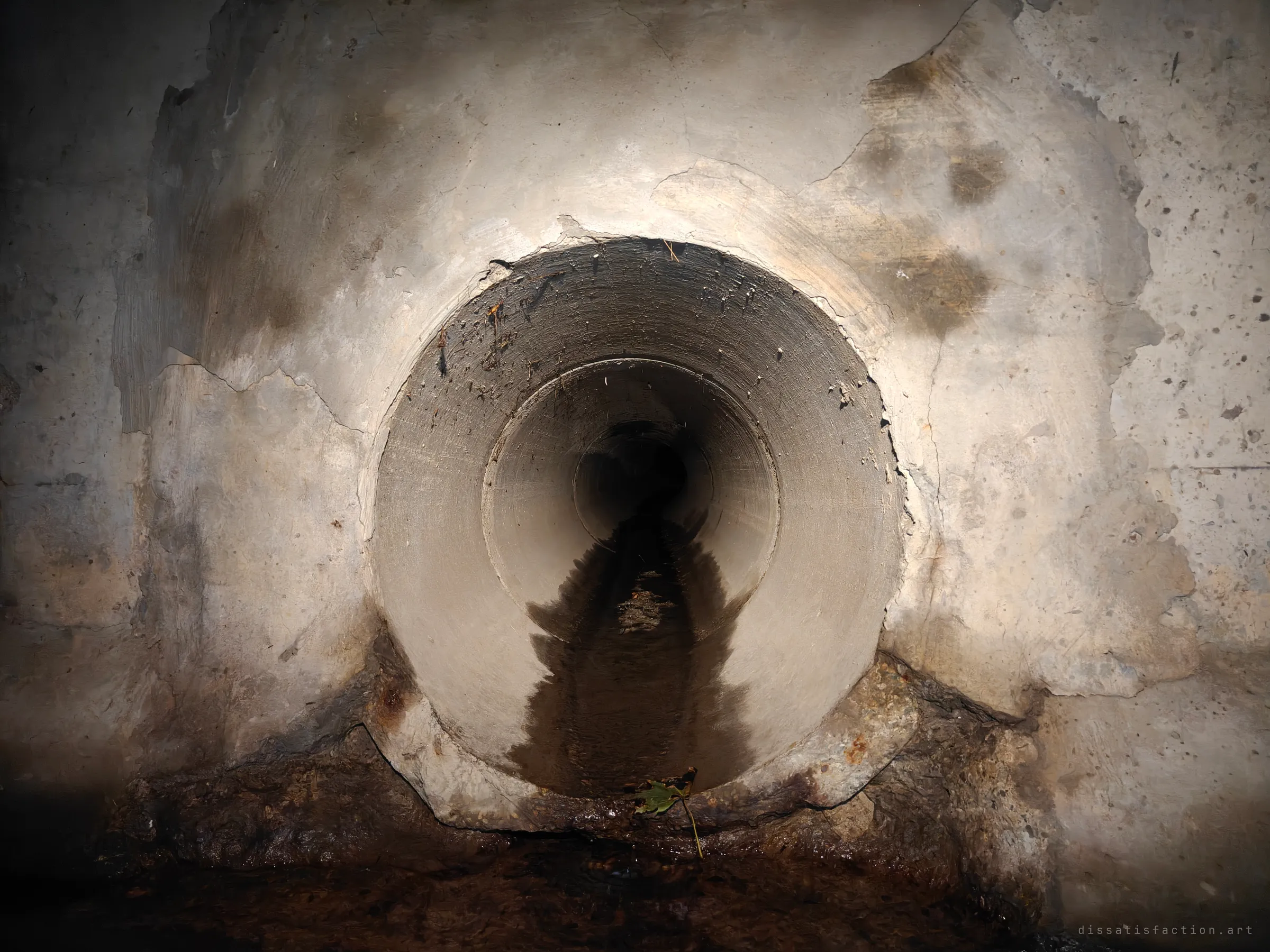 A round concrete pipe opens into a stained, patched headwall, with a dark trickle of water running out of its throat into a muddy pool. The nested rings of the pipe pull the eye down a tunnel too small to follow.