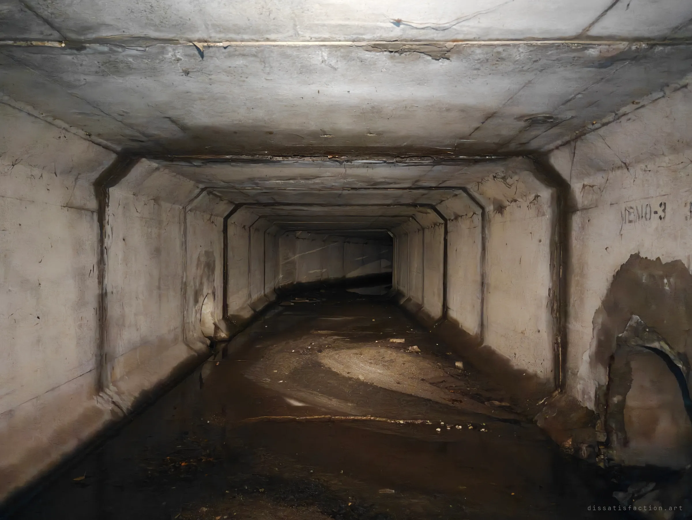 A long rectangular concrete box culvert runs straight into darkness, with segment joints framing the tunnel like nested doorways above a floor of silt and shallow water. A broken-out opening in the right wall shows where a side pipe once came in.