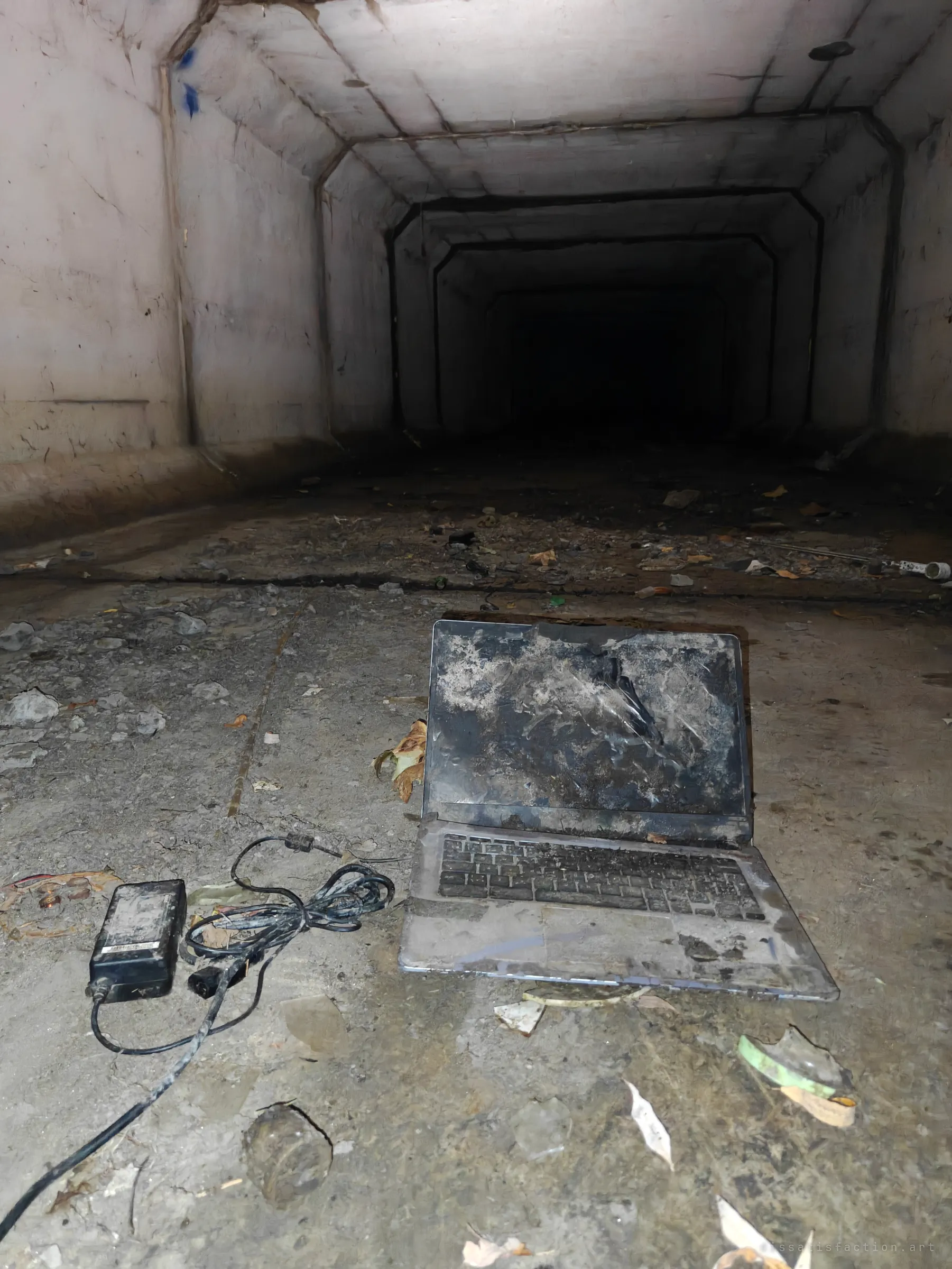 A dead laptop, its screen caked in dried mud, sits open on the culvert floor beside its power brick and tangled cable, with the concrete tunnel fading to darkness behind it. Leaves and debris scattered on the floor show how far floodwater carries things in.