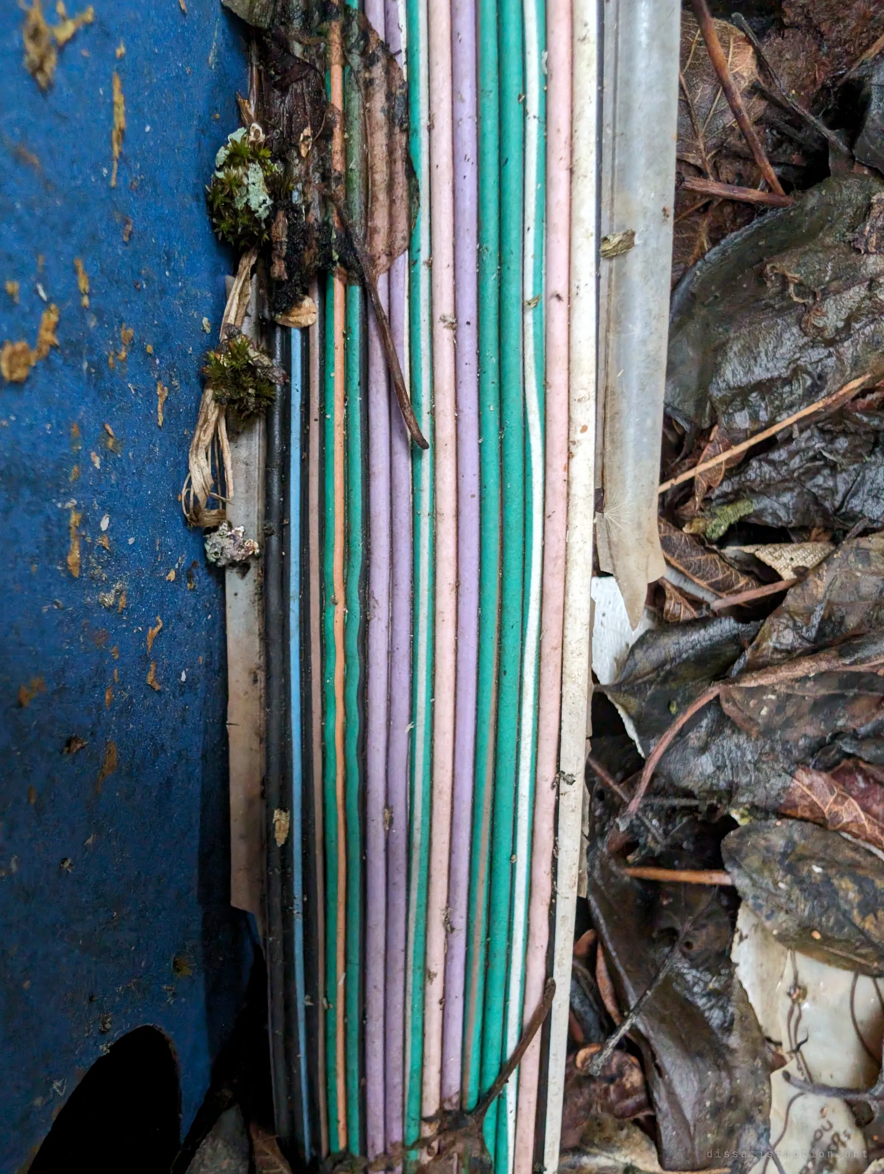 A flat ribbon of pastel wires runs beside a blue panel, with moss and lichen growing on its edge. Wet dead leaves pile up on the other side.