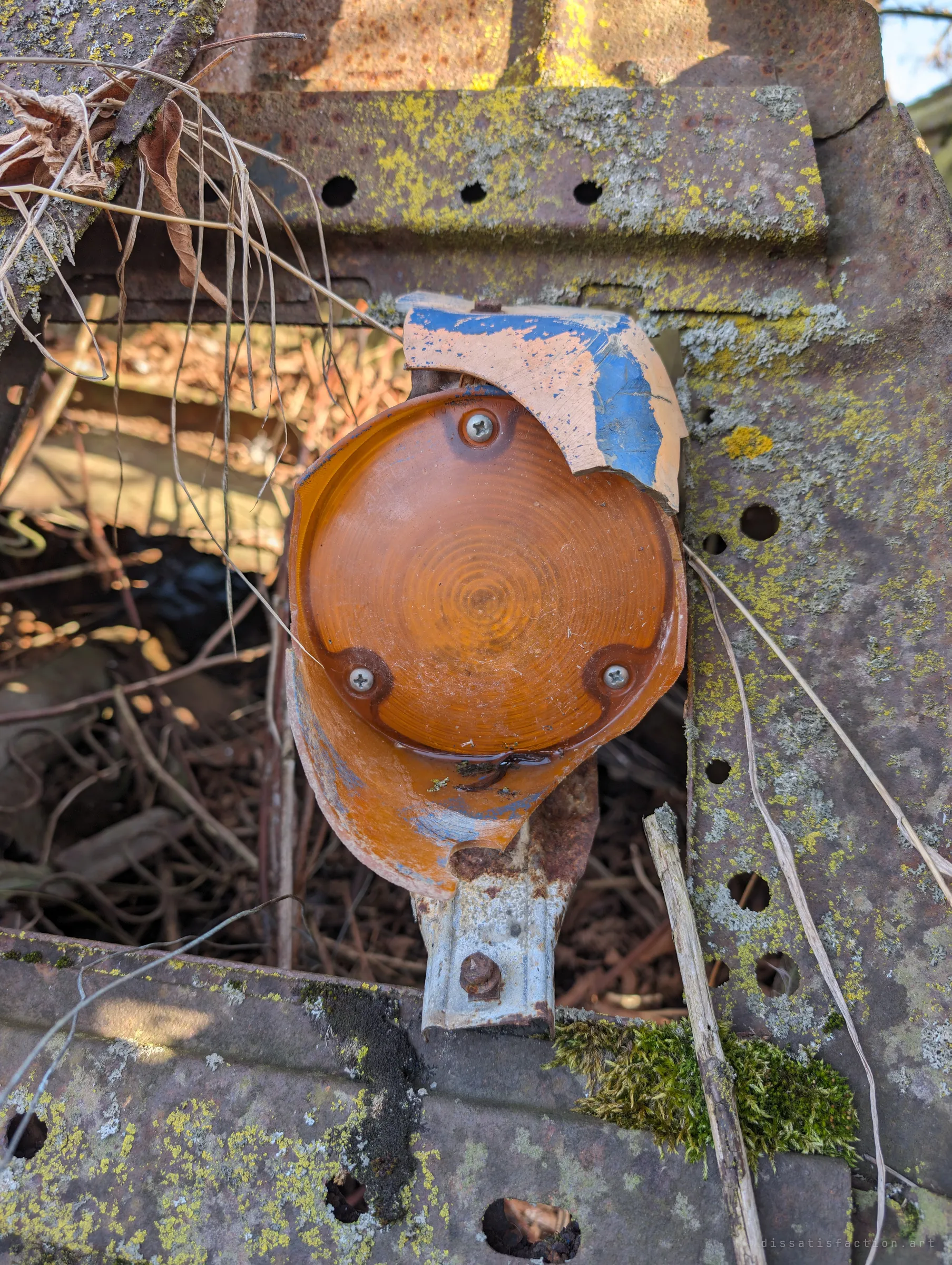 An amber turn-signal lens, cracked but still screwed in place, hangs from a perforated steel bracket speckled with yellow lichen and moss. Flecks of blue paint cling to its broken housing.