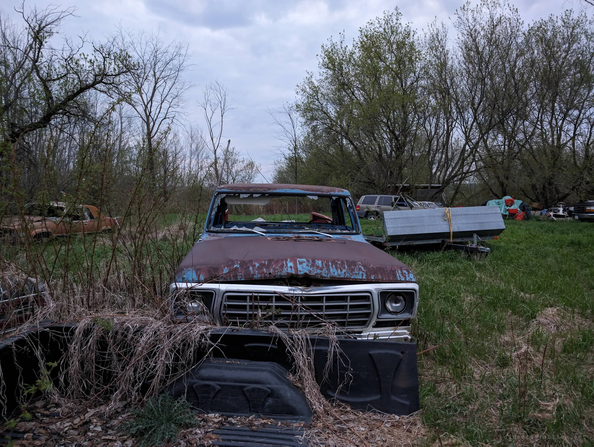 The rusted, windowless cab of an old blue pickup faces the camera behind a loose truck-bed liner, with more wrecks, a jeep and a trailer scattered across the field behind. It shows the scale of the vehicle graveyard.