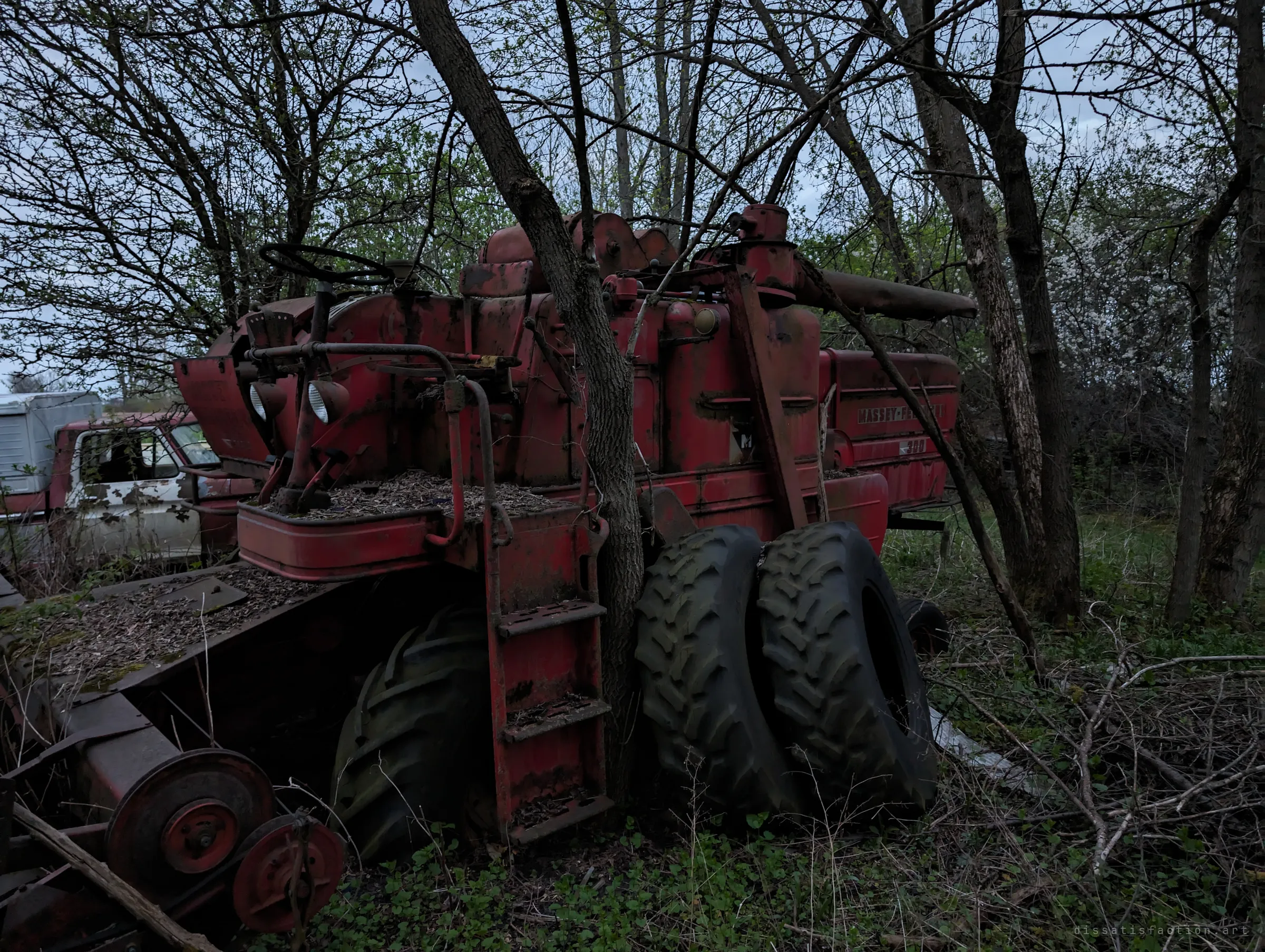A rusted red combine harvester is grown through by a tree trunk, its ladder, seat and tires tangled in saplings, with an old truck behind. The tree growing through the machine marks how long it has sat.