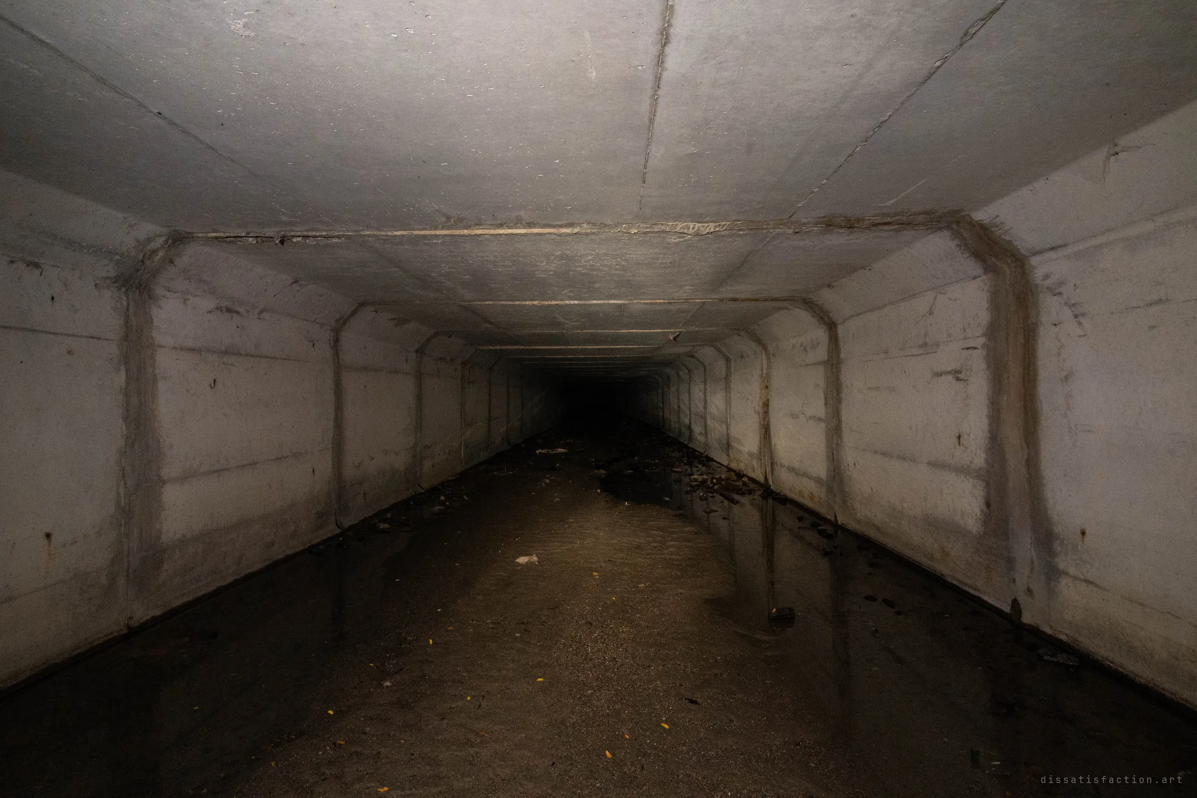 Past the skylights, the culvert becomes a long run of identical chamfered concrete box segments. Torchlight falls on the pale walls and the shallow silty water, and the tunnel fades to black.