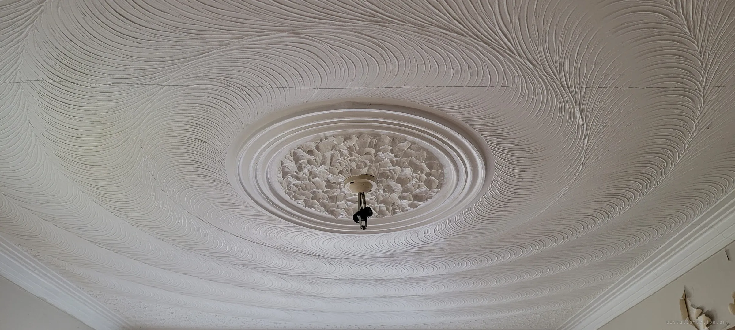 Feathered swirl plaster radiates out from a ringed ceiling rosette whose light fixture is gone, leaving only a bare hook and wires. A proud, handmade detail outliving the house around it.