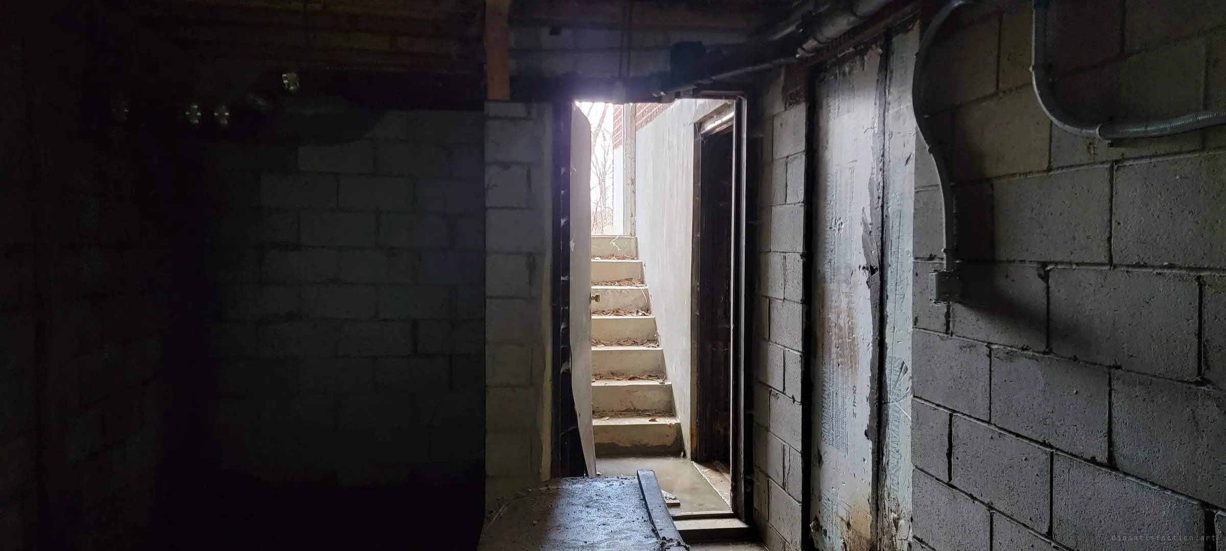 A dark cinder-block basement opens onto a concrete stairwell climbing toward daylight, leaves drifted on the steps. The only light in the room comes from that exit.