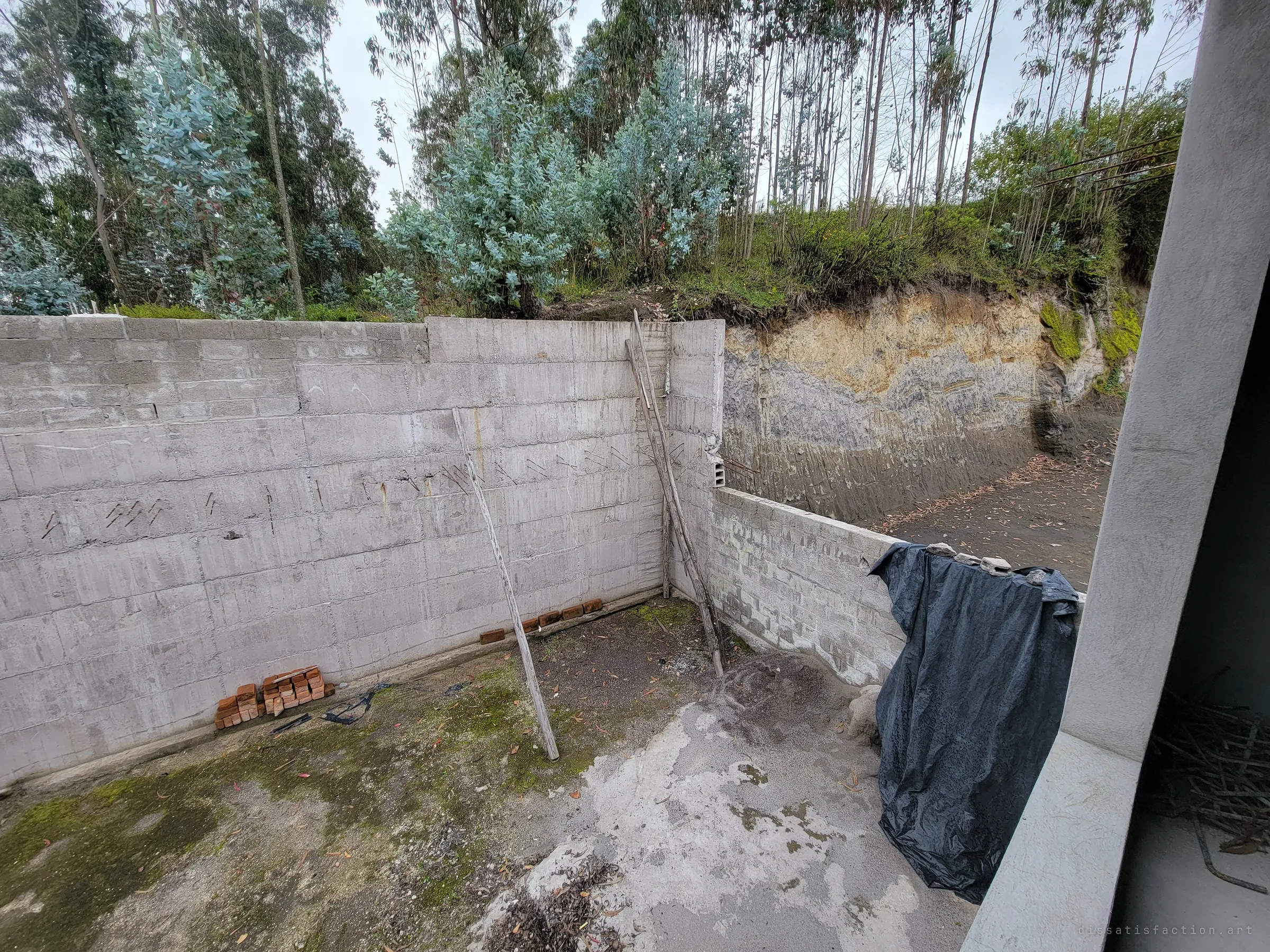 A mossy back courtyard is boxed in by block walls and a cut earth bank, with loose bricks, a leaning wooden pole and a black tarp draped over a low wall. Construction simply stopped here and the ground is taking over.