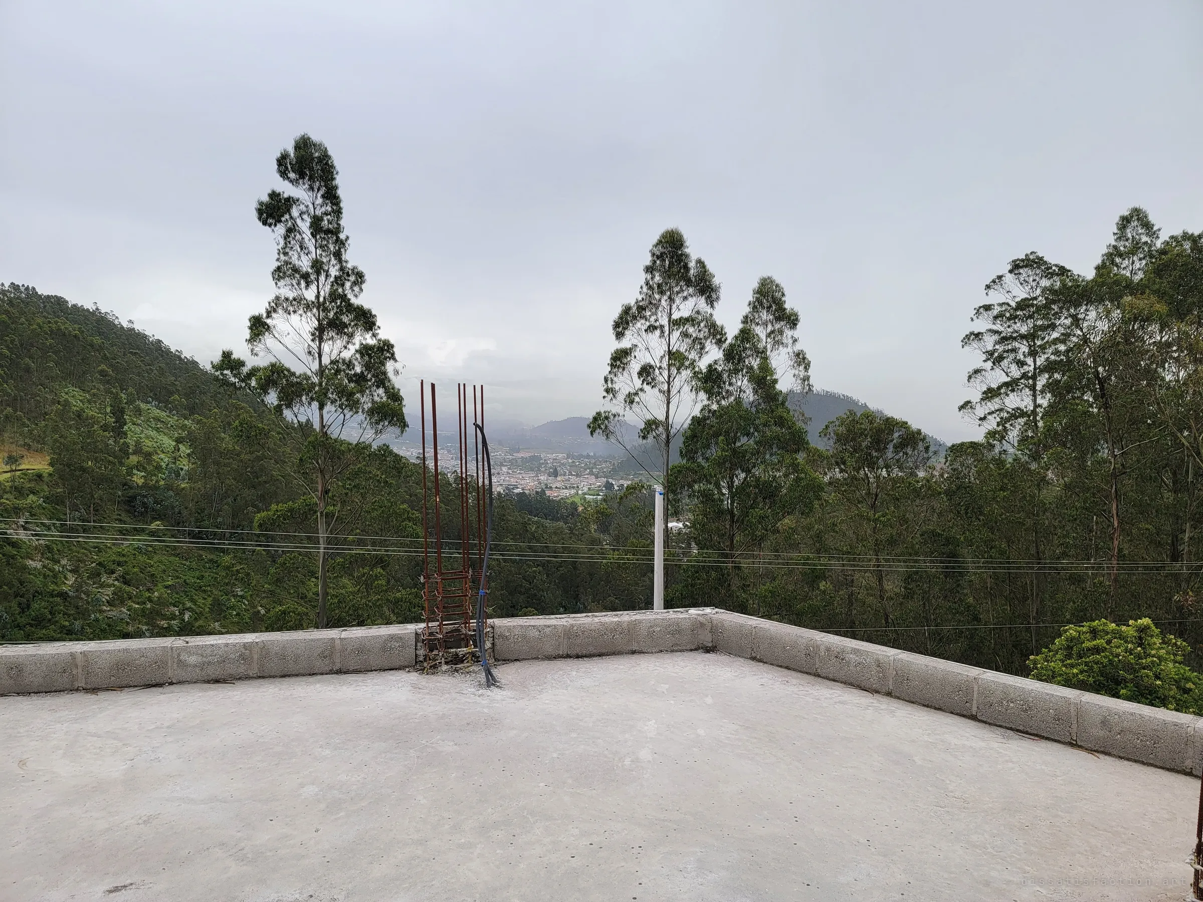 A bare rooftop corner with a lone rebar column cage faces tall eucalyptus trees and a hazy town far below in the valley. The unfinished house sits high on the slope, looking out over everything.