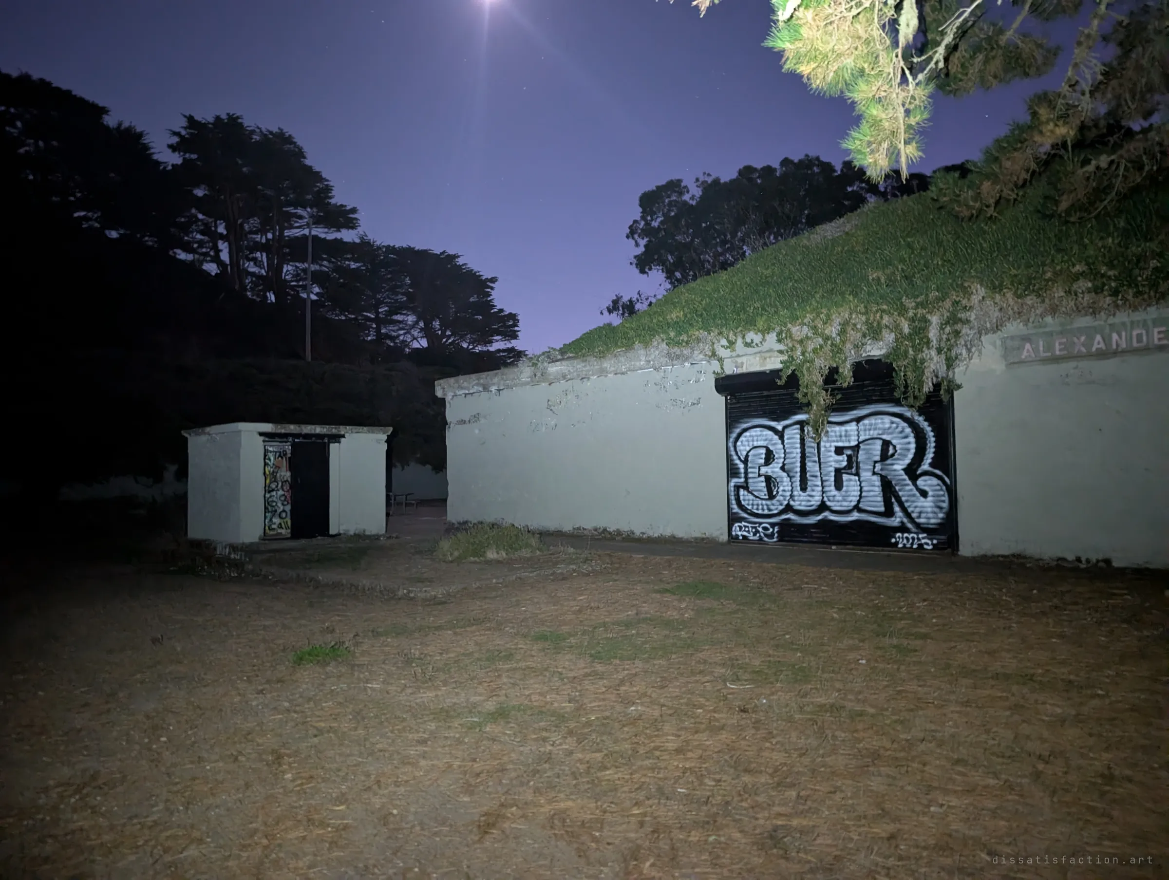 Under a bright moon, a vine-draped concrete magazine with a graffiti-painted roller shutter faces a small outbuilding. Pine branches hang into the top of the frame.