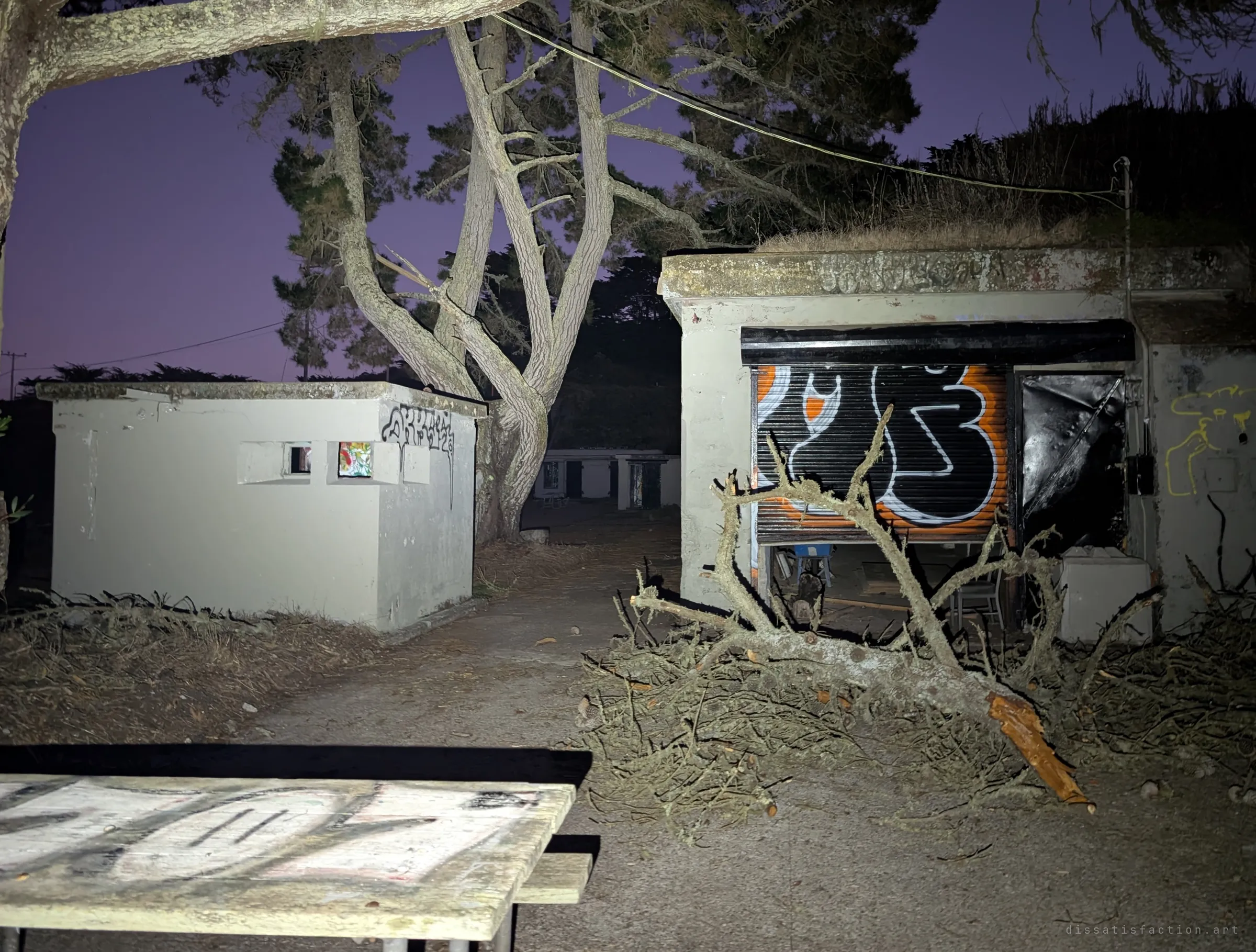 Squat concrete bunkers at dusk under a purple sky, one with a graffiti-covered roll-up shutter half blocked by a fallen cypress branch. A graffitied picnic table sits in the foreground.