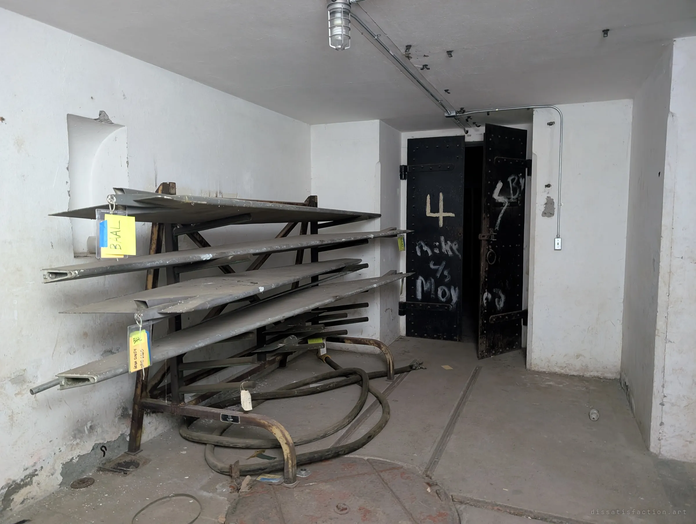 A rack of long tagged metal fins and a coil of heavy hose sit in a whitewashed room beside open riveted blast doors painted with a large number.