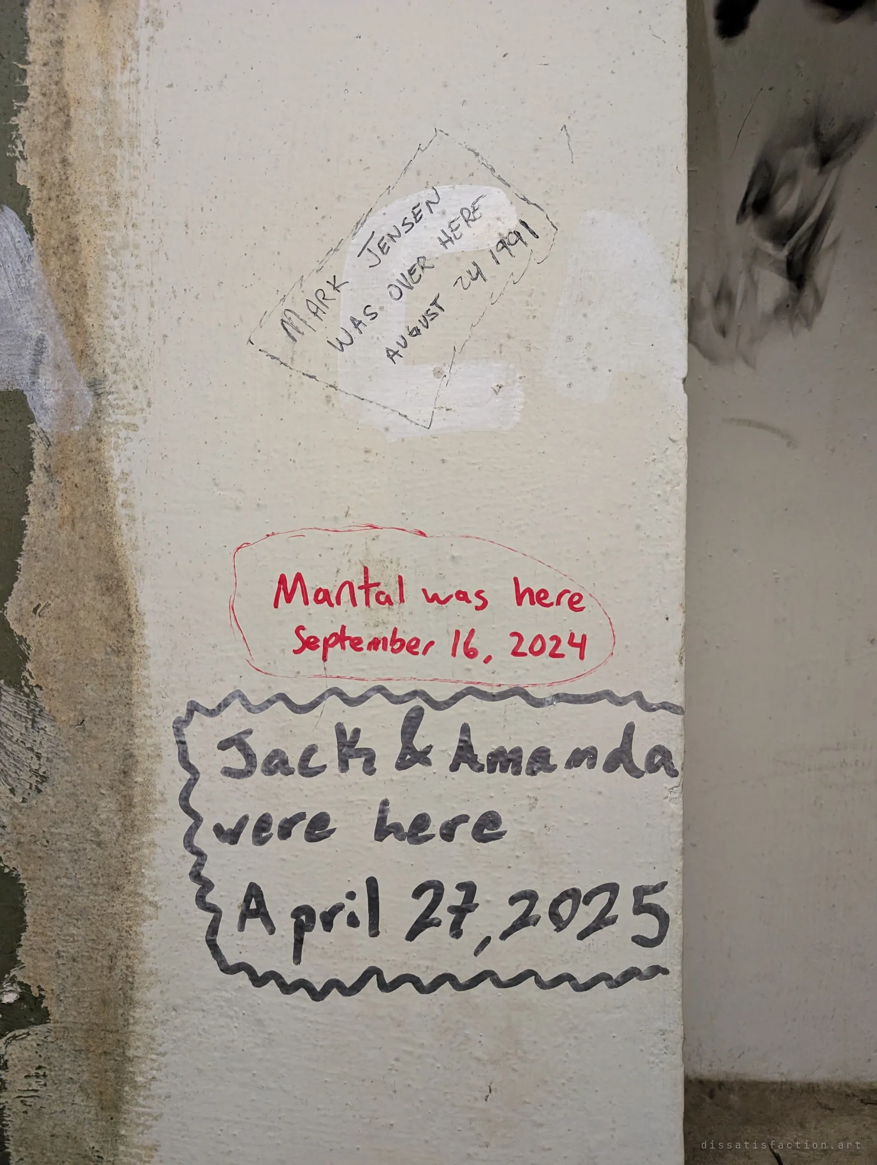 Handwritten "was here" messages spanning more than three decades on a painted concrete pillar. Each generation of visitors left its date beside the last.
