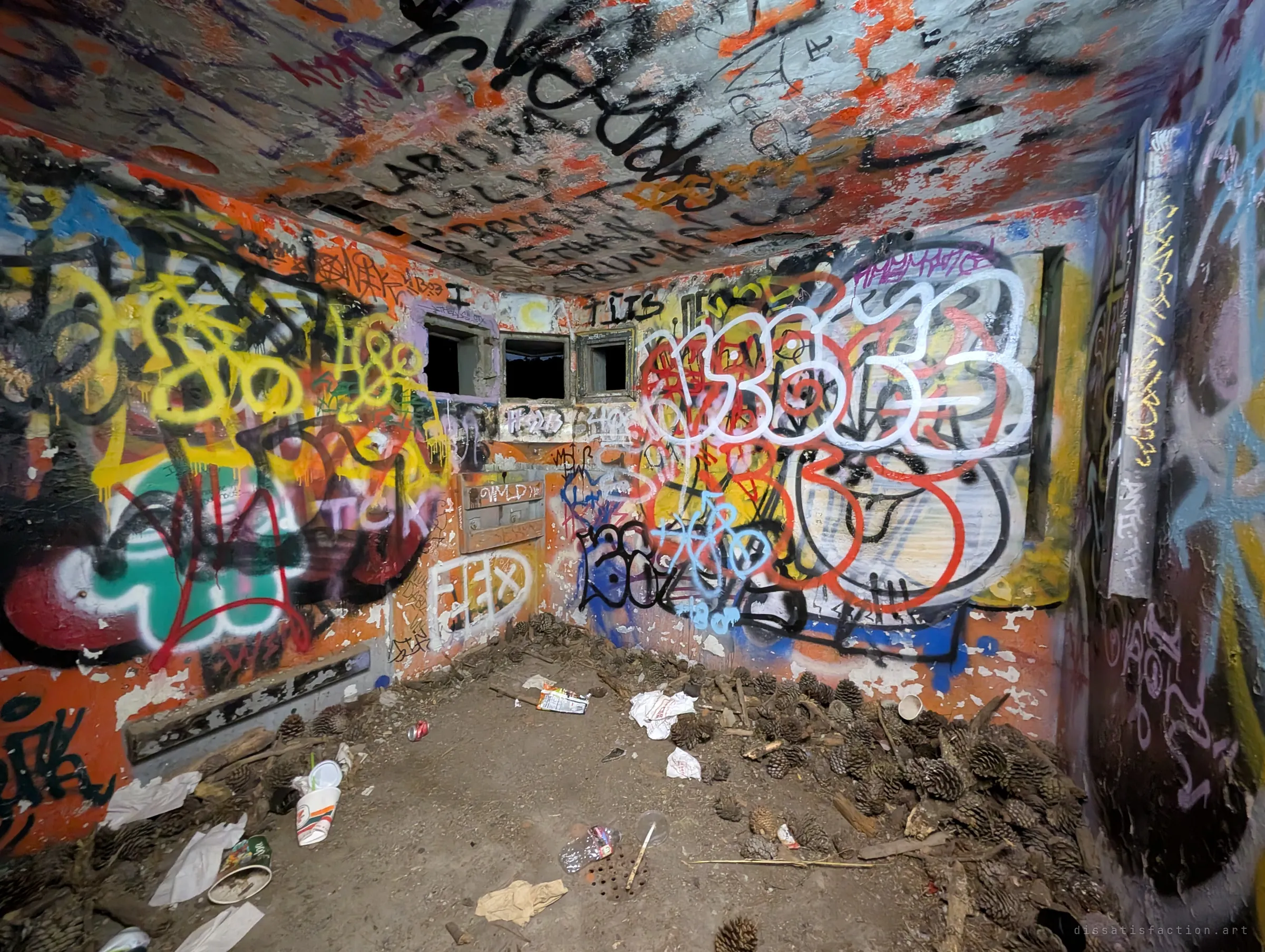 A small concrete room completely covered in layered graffiti, with pine cones and litter piled on the floor under narrow slit openings. Every surface, ceiling included, has been painted over.