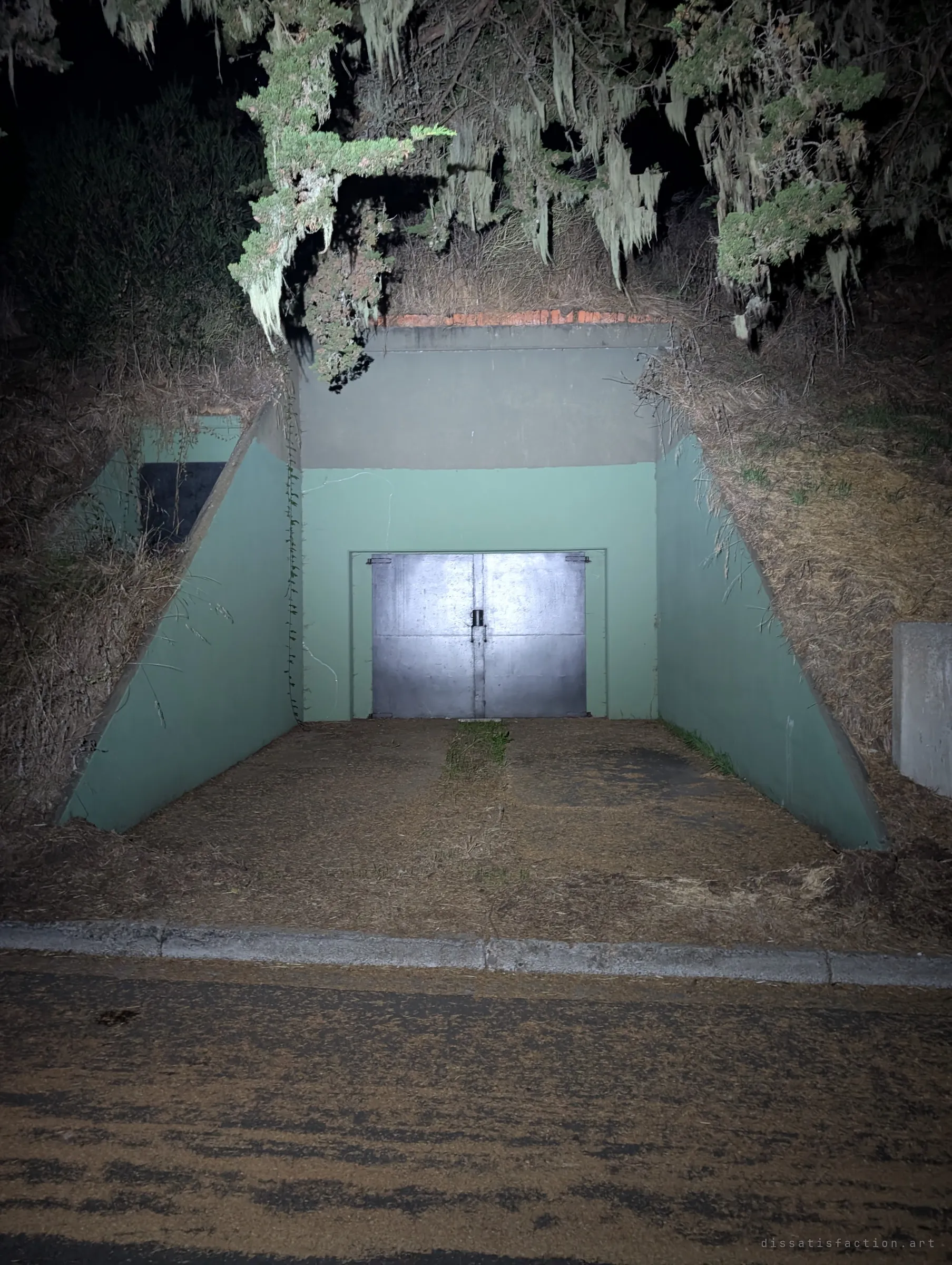 A sunken, green-painted bunker entrance ends at closed steel double doors, framed by hanging lichen and dry grass. The edge of a paved road runs across the foreground.