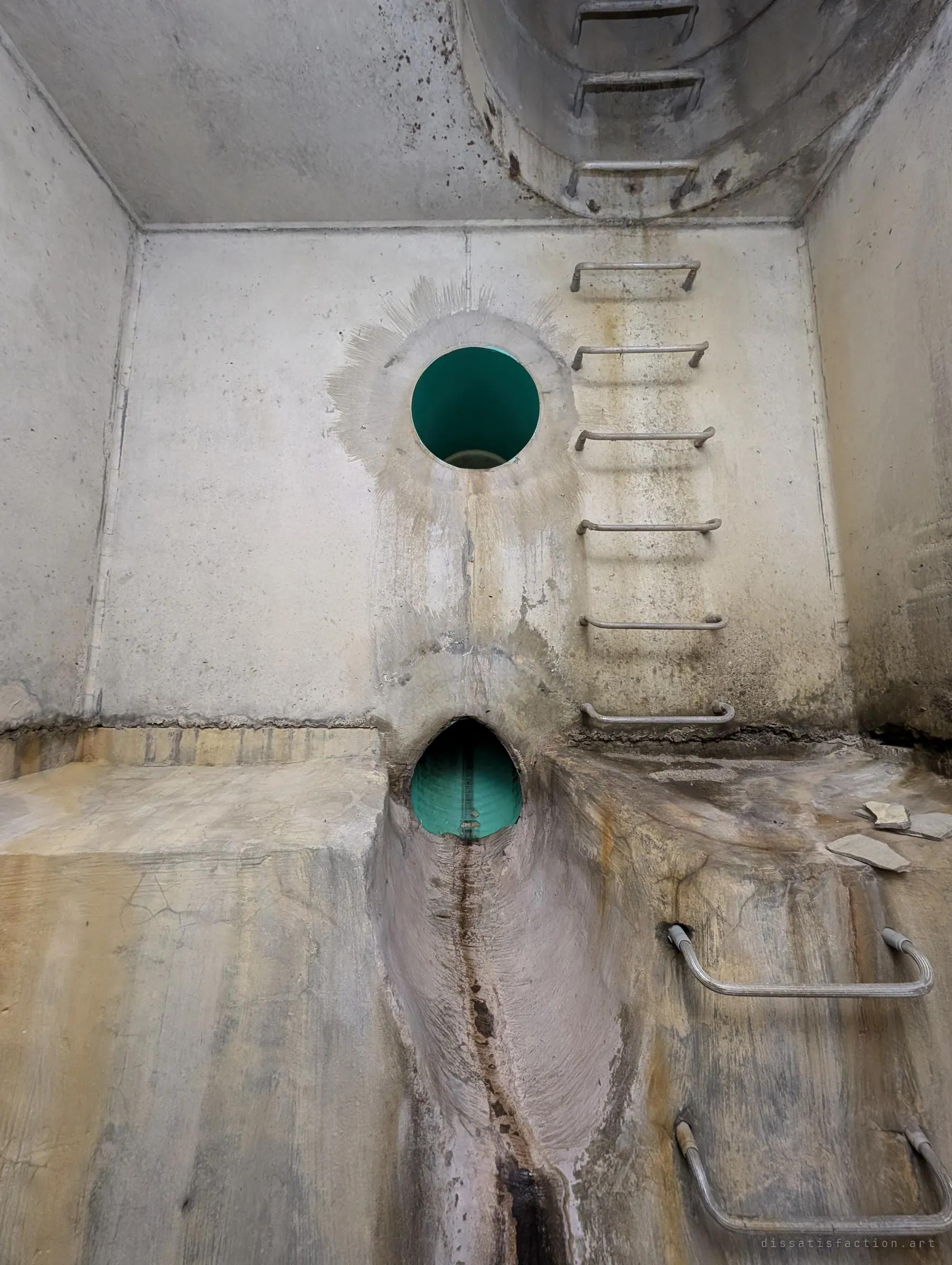 A stained concrete chamber with two green-lined plastic pipes set into the wall, a carved channel below and rungs leading up to a shaft. The newer plastic inlets stand out against the old concrete.