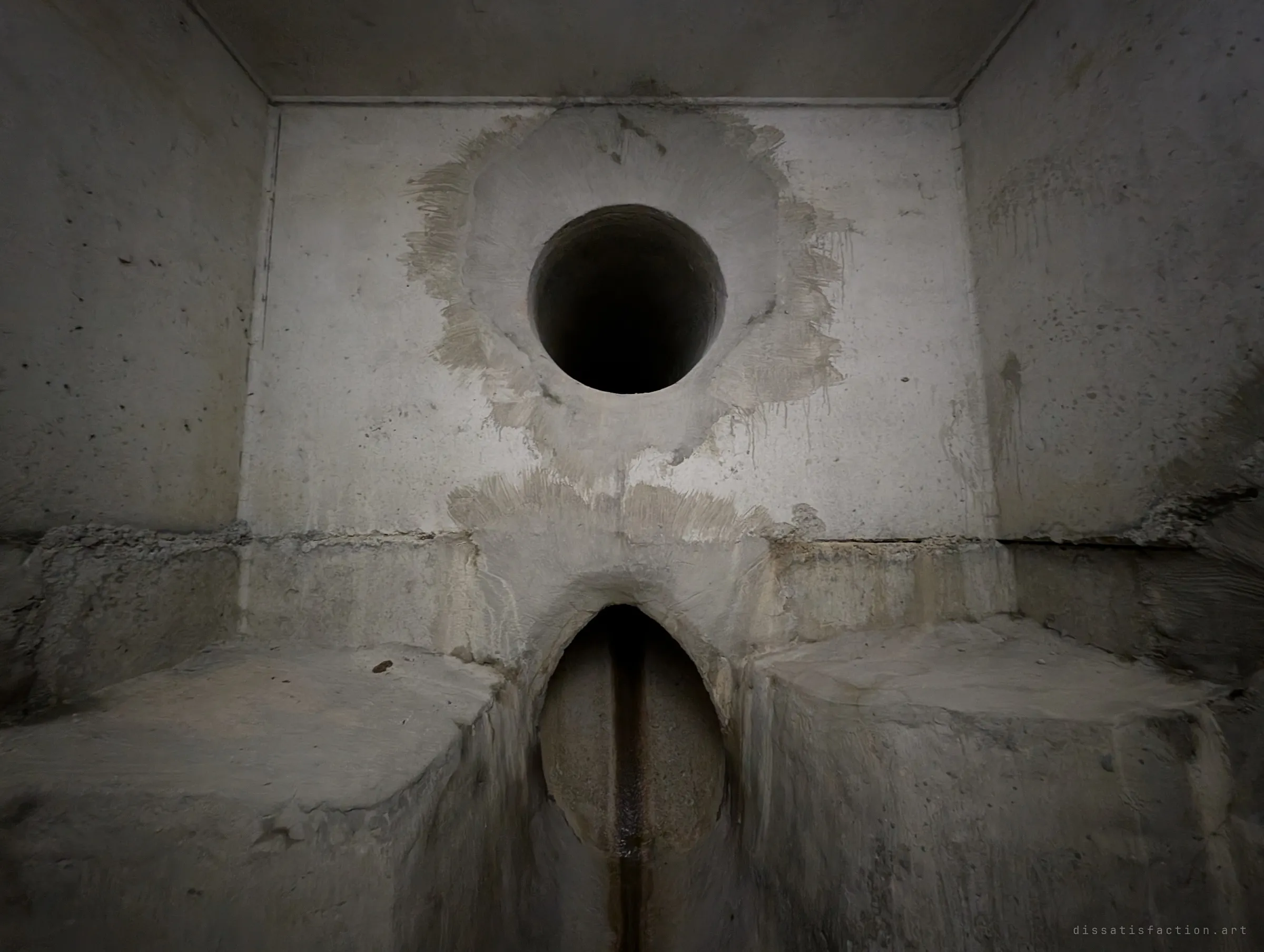 A dim, symmetrical chamber with a round opening high on the back wall and a pointed arch channel below, flanked by concrete benches. The shapes almost form a face.